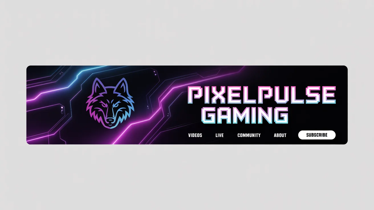 A mockup of a futuristic gaming channel banner for 'PixelPulse Gaming' set against a white background. The banner features a glowing geometric wolf logo and vibrant neon circuit patterns.