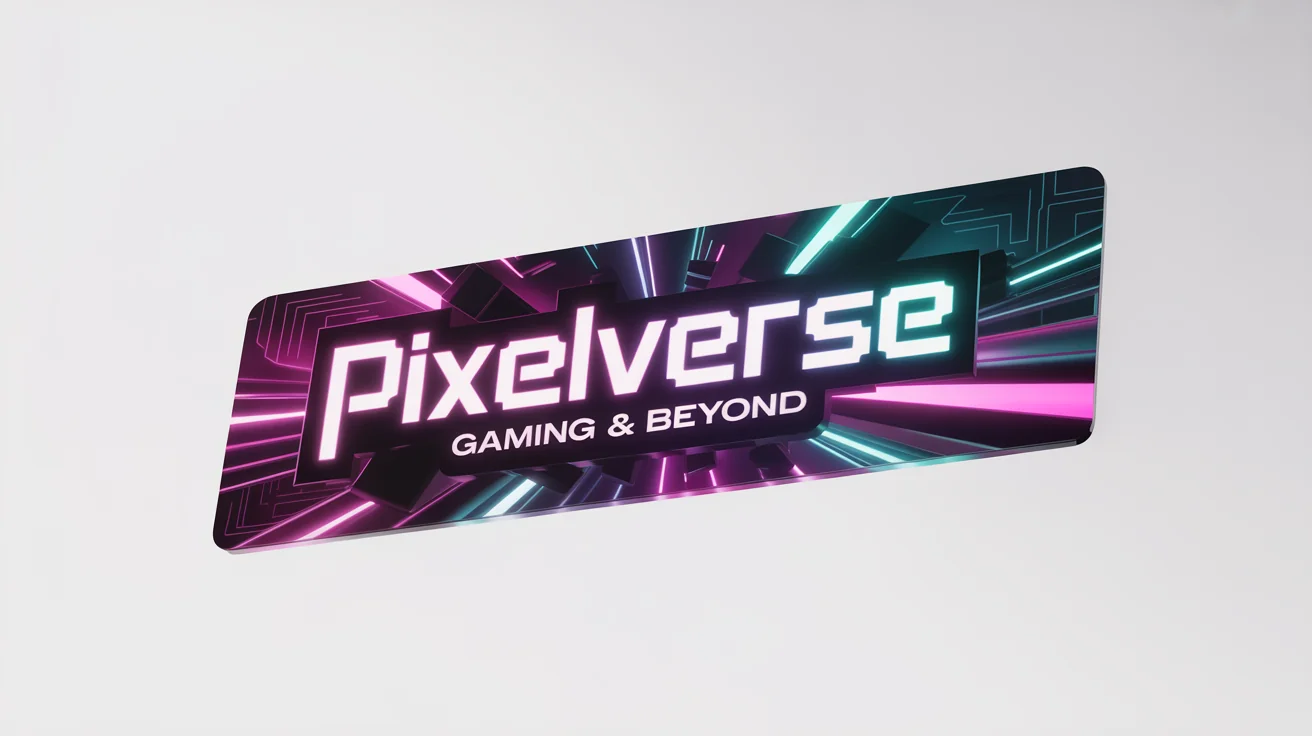 A mockup of a modern gaming channel banner for a channel named 'PixelVerse', featuring bright neon text and a futuristic design, displayed against a clean white background.