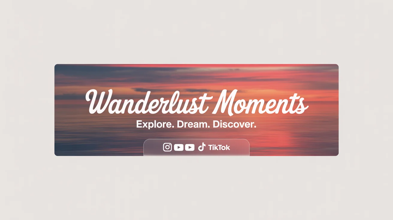 A mockup of a lifestyle and travel channel banner with the title 'Wanderlust Moments' over a sunset ocean photo, presented on a white background.