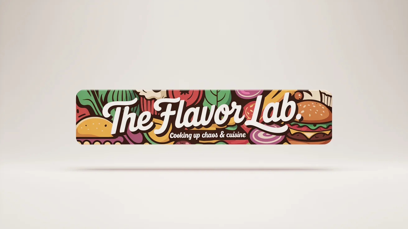 A mockup of a colorful YouTube channel banner for a cooking channel named 'The Flavor Lab', featuring illustrations of food and the tagline 'Cooking Up Chaos & Cuisine'.