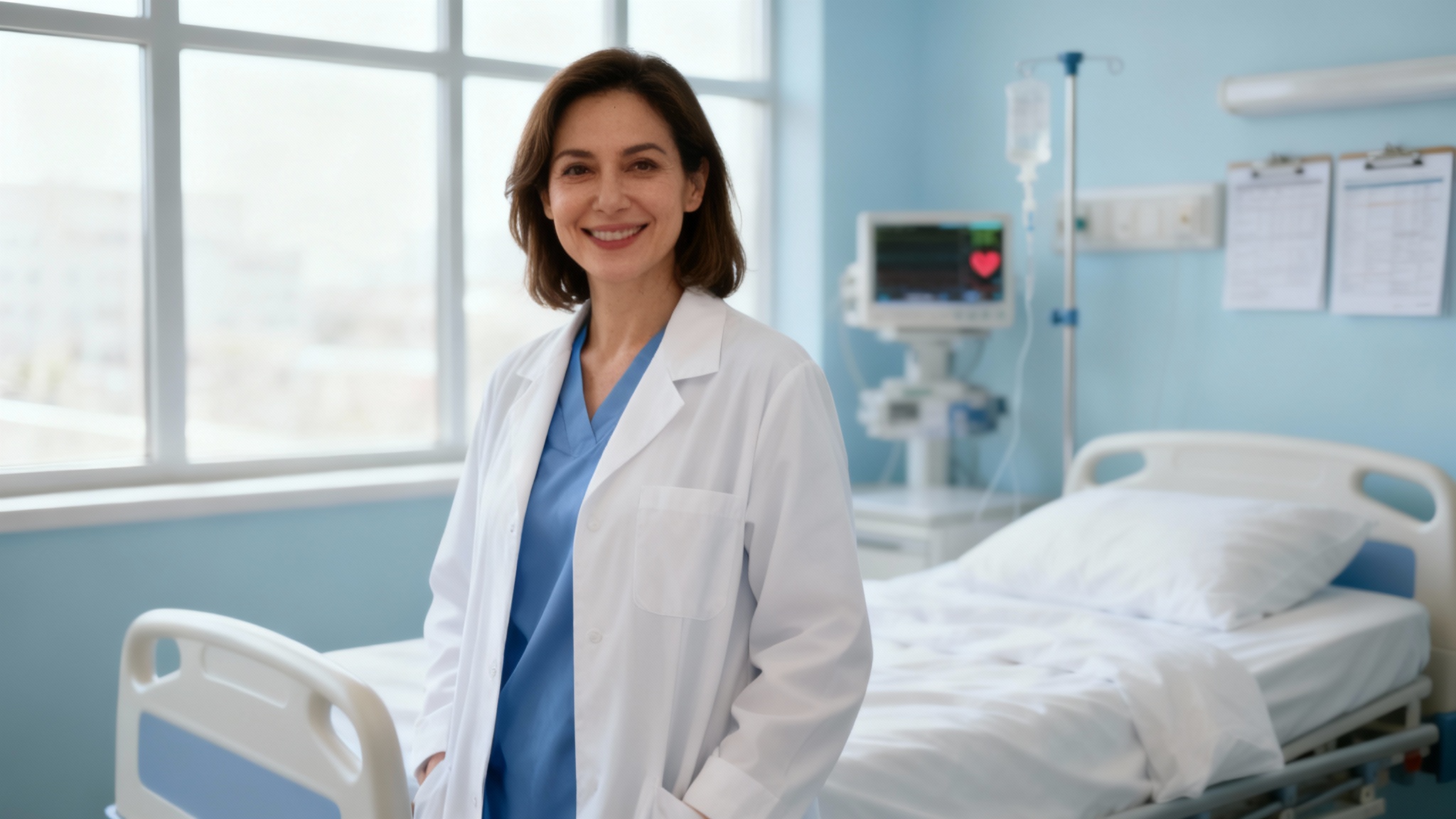 A professional, 16:9 aspect ratio portrait of a female doctor smiling warmly in a bright, modern hospital room, representing the final output of a hospital portrait service.