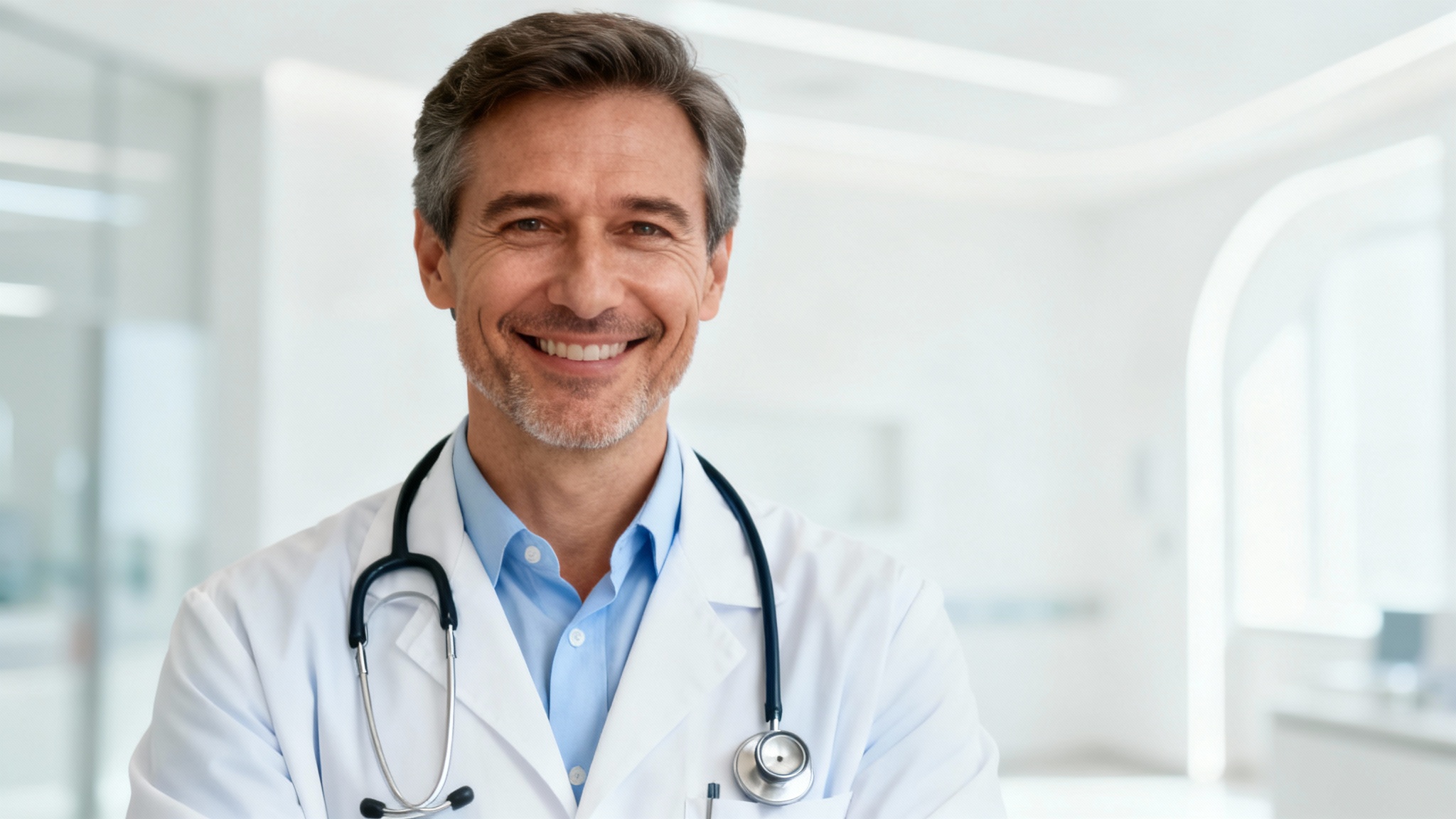A professional headshot of a smiling male doctor in a white lab coat with a stethoscope, standing in a bright, modern hospital setting, conveying competence and care.