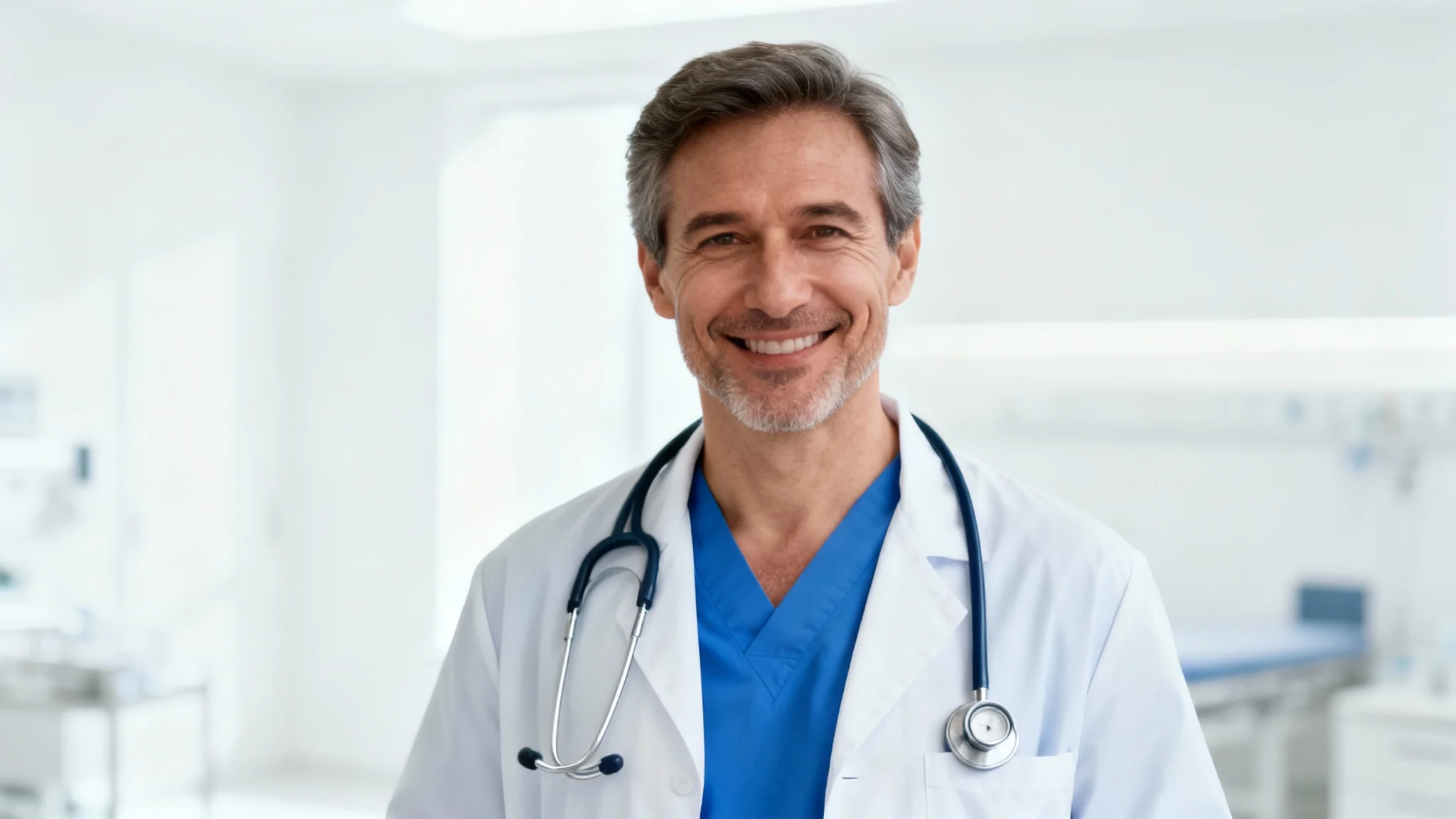 A professional portrait of a smiling male doctor in a white lab coat and scrubs, with a stethoscope, set against a bright, modern hospital background.