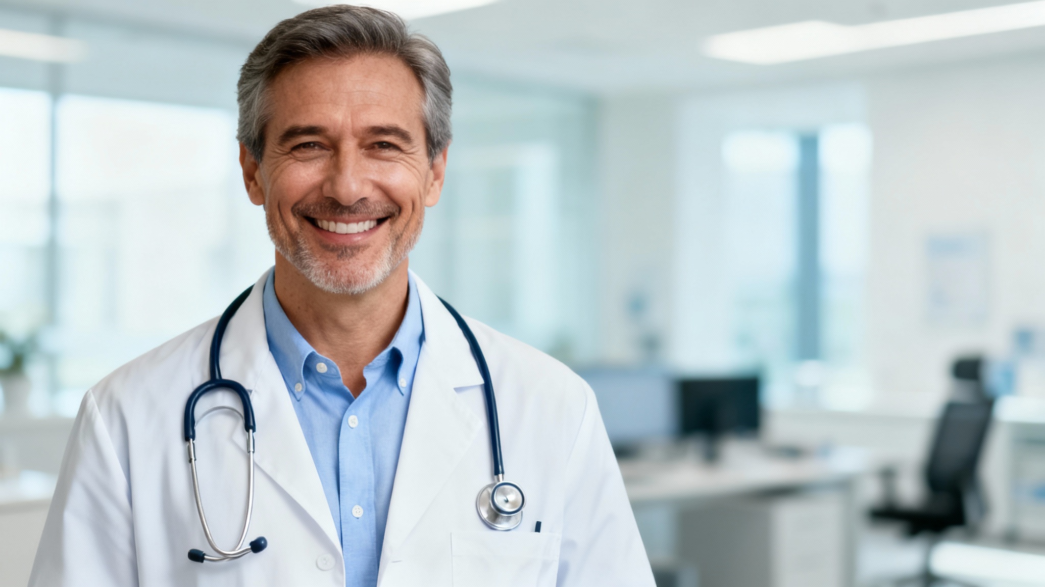 A professional headshot of a smiling male doctor in a white lab coat with a stethoscope, set against the blurred background of a modern hospital office.