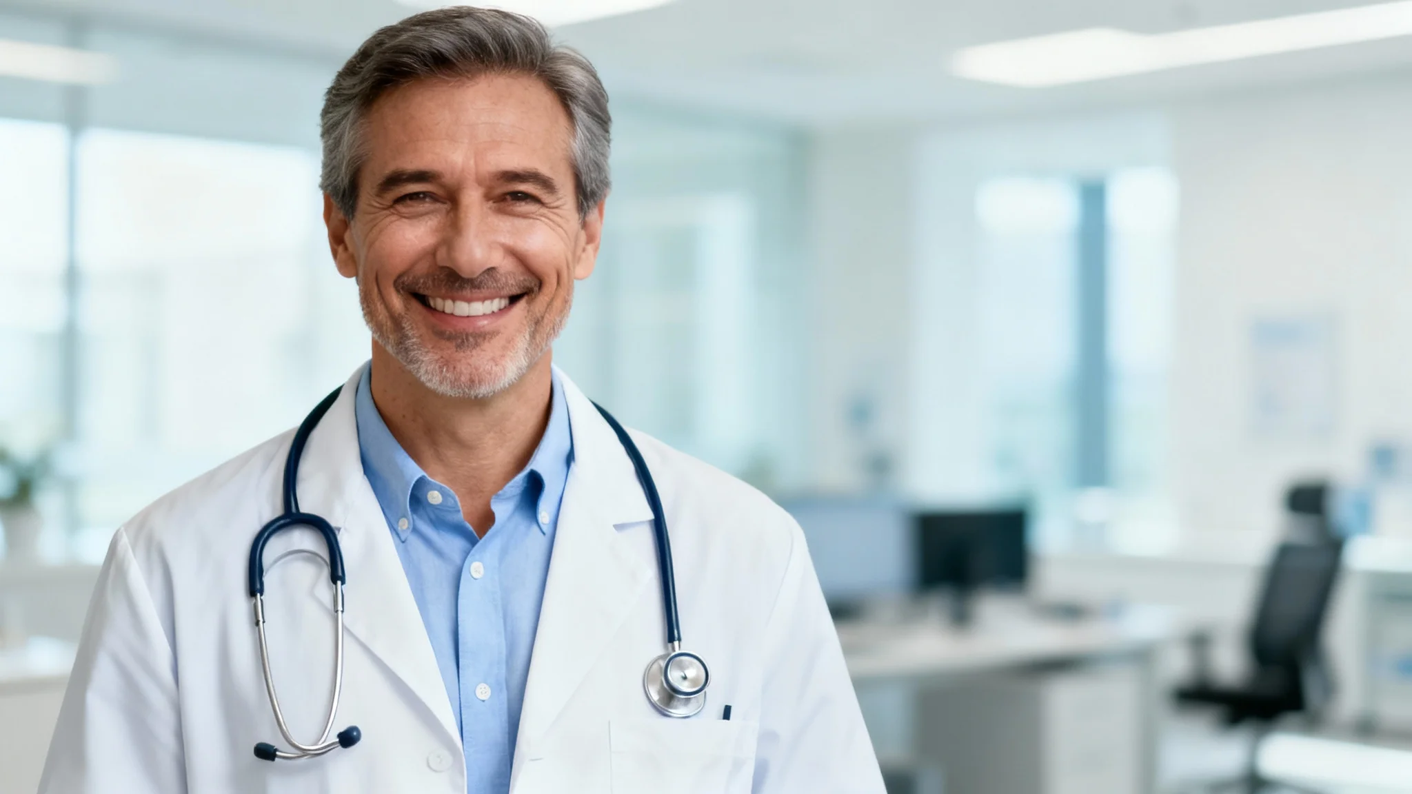 A professional headshot of a smiling male doctor in a white lab coat with a stethoscope, set against the blurred background of a modern hospital office.