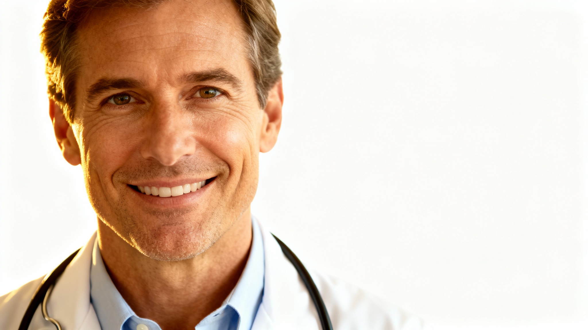 A professional headshot of a smiling male doctor in a white lab coat and stethoscope, set against a plain white background.