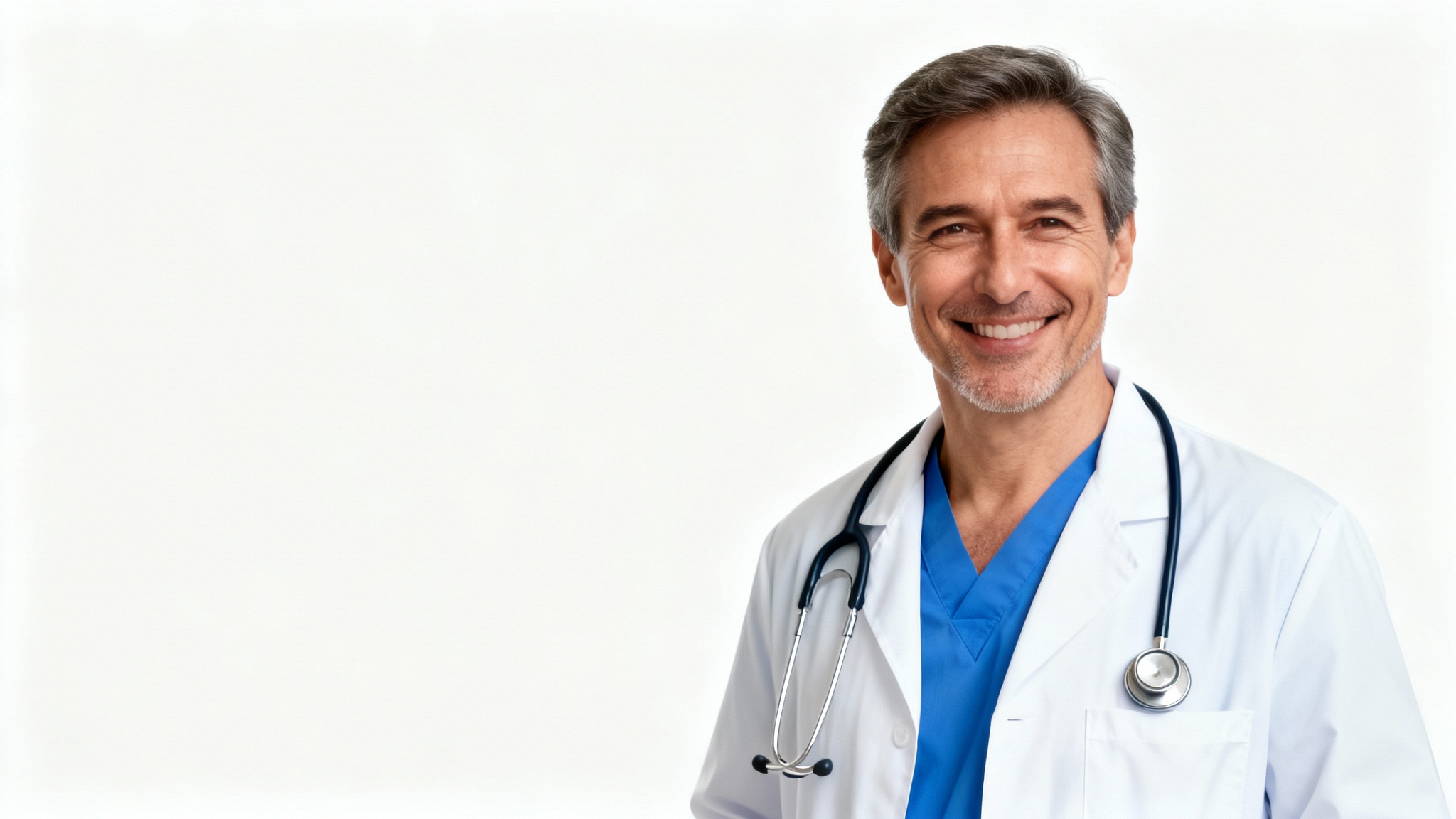 A professional headshot of a smiling male doctor in a white coat and stethoscope, posing against a solid white background.
