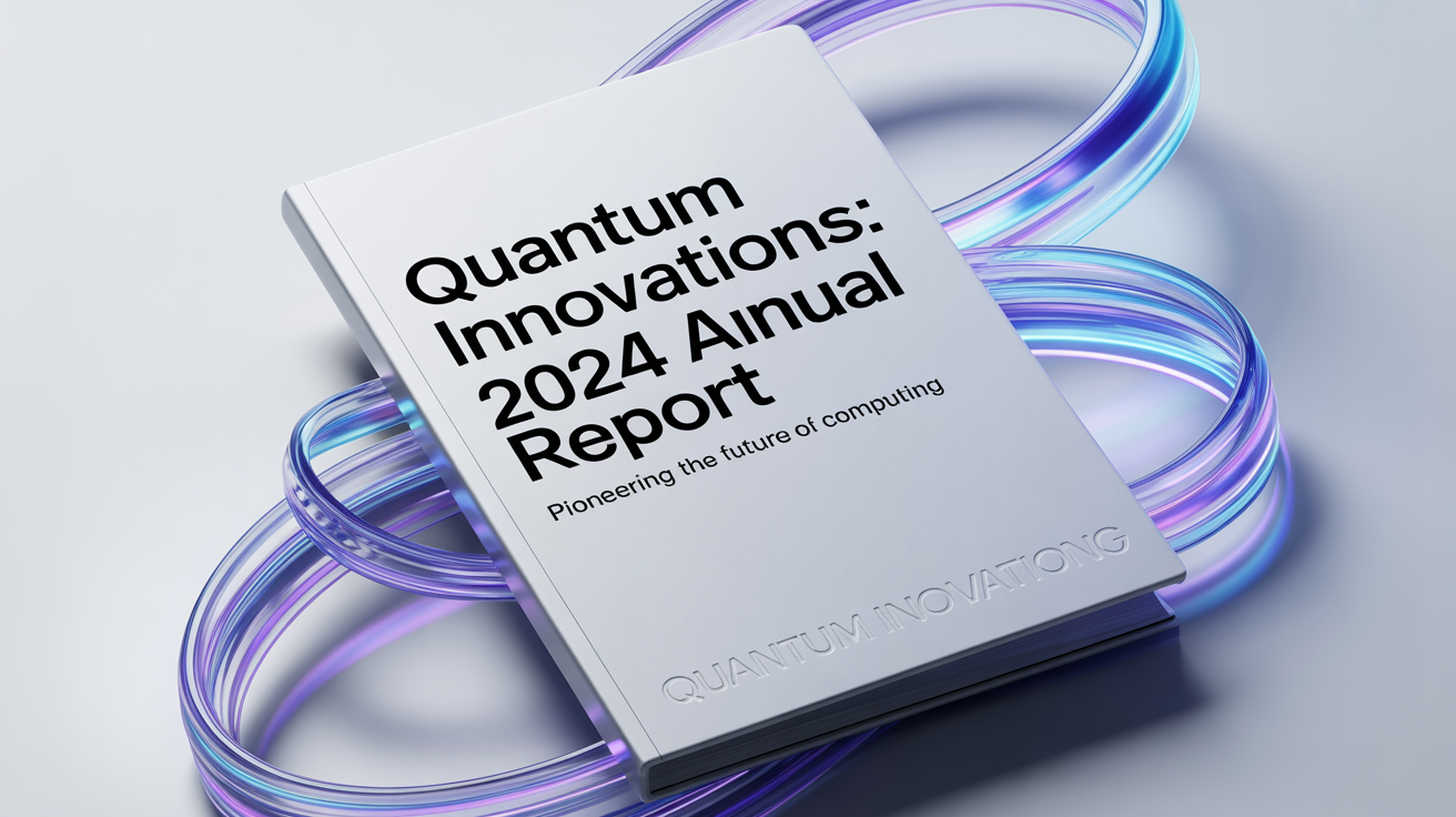 A professionally designed front page for a 'Quantum Innovations' annual report, shown as a final document in a hero image. The design is modern and technological, with abstract blue light trails on a dark background.
