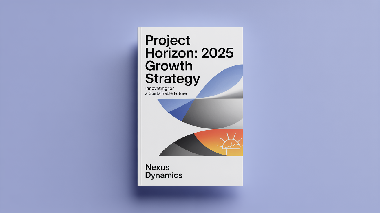 A mockup of a professional project front page for a company named 'Nexus Dynamics'. The title reads 'Project Horizon: 2025 Growth Strategy' and it features a clean, modern design with blue, gray, and orange geometric elements on a white background.