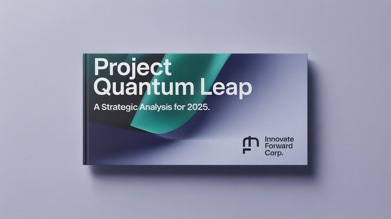 A professional project front page design mockup for a report titled 'Project Quantum Leap', featuring a modern blue and gray color scheme with geometric accents, displayed on a clean white background.