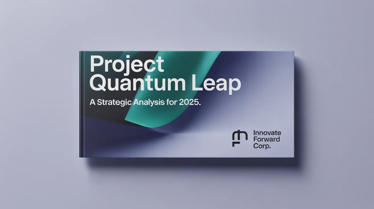 A professional project front page design mockup for a report titled 'Project Quantum Leap', featuring a modern blue and gray color scheme with geometric accents, displayed on a clean white background.