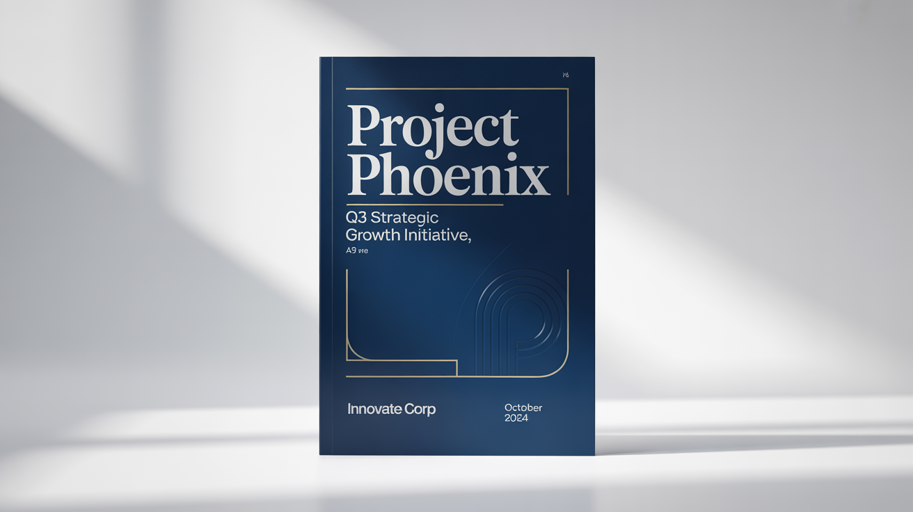 A professional mockup of a project front page design titled 'Project Phoenix' for 'Innovate Corp'. The design is modern and corporate, with navy blue and gold geometric elements on a white background.