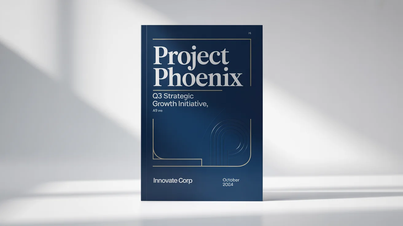 A professional mockup of a project front page design titled 'Project Phoenix' for 'Innovate Corp'. The design is modern and corporate, with navy blue and gold geometric elements on a white background.