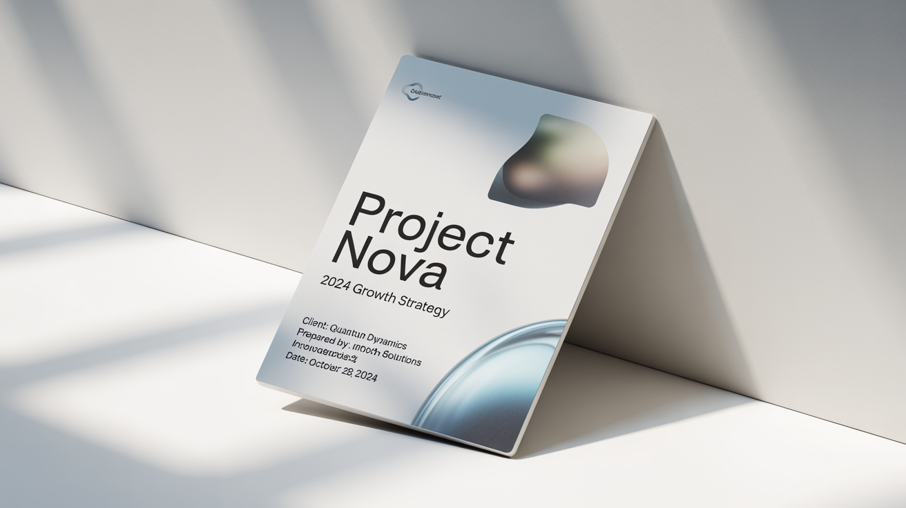 A professionally designed project front page mockup for a 'Project Nova' growth strategy, featuring a clean layout, blue and gray accents, and presented on a white background.