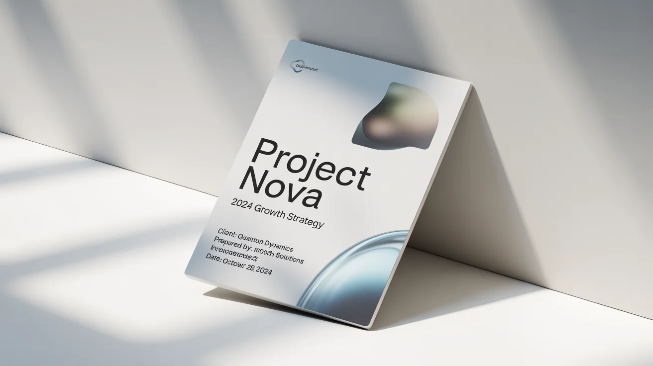 A professionally designed project front page mockup for a 'Project Nova' growth strategy, featuring a clean layout, blue and gray accents, and presented on a white background.
