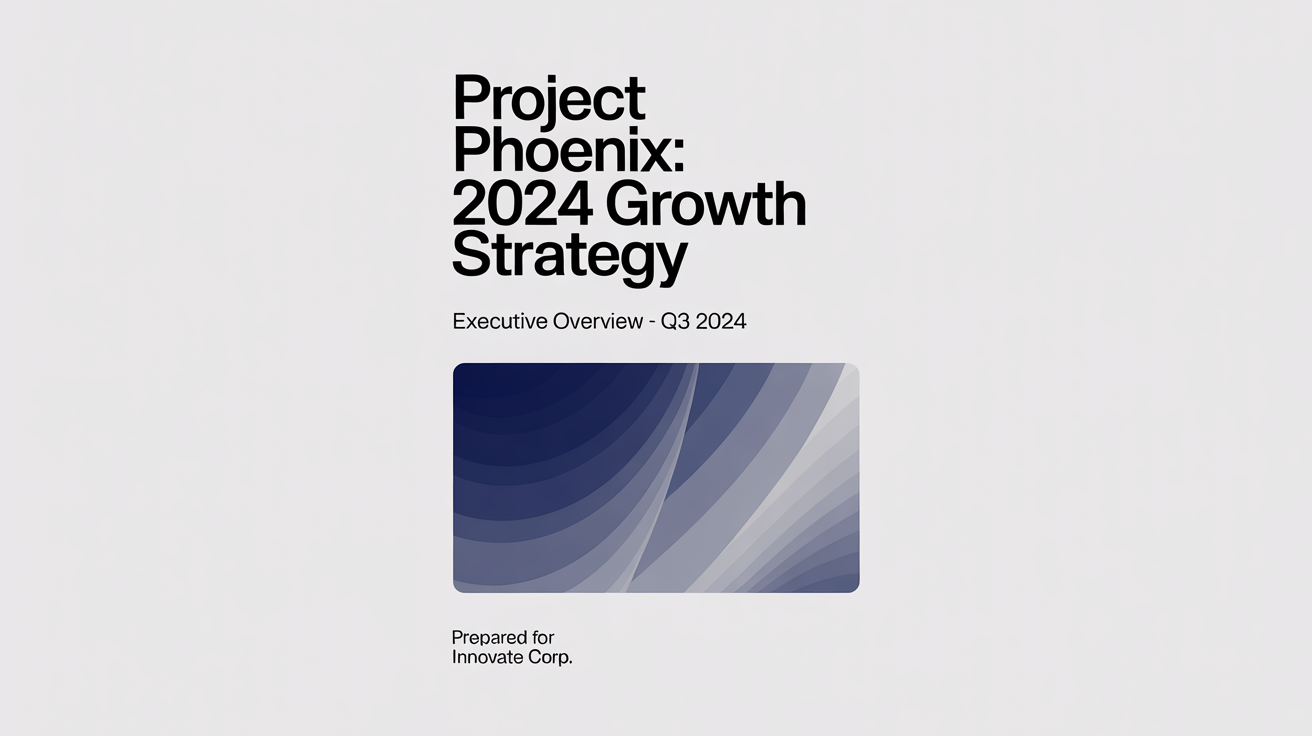 A mockup of a professional project front page for a report titled 'Project Phoenix: 2024 Growth Strategy', featuring a clean, modern design with blue and gray geometric accents on a white background.