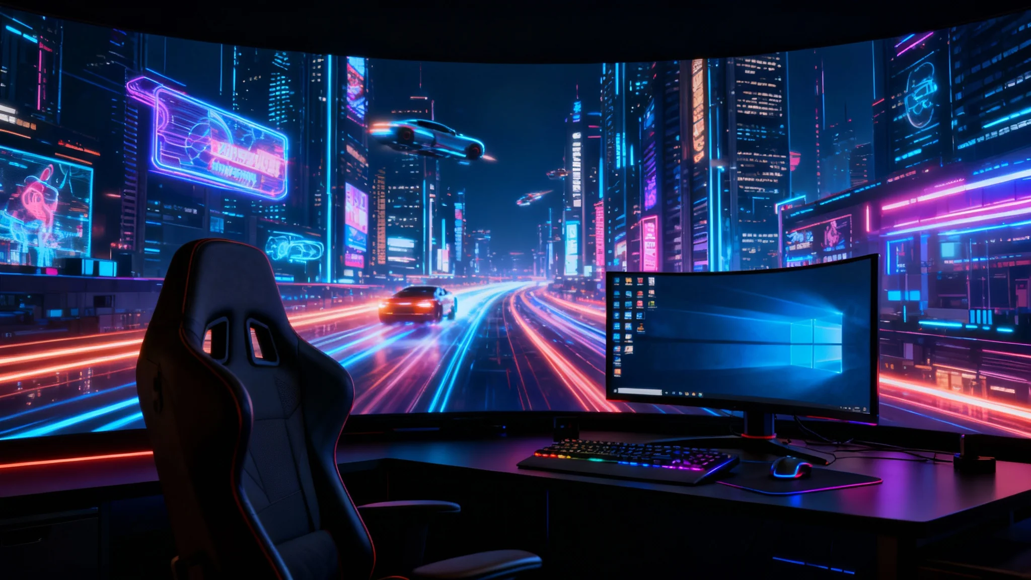 A professional streaming setup featuring an empty gaming chair and a desk with a glowing keyboard, set against a massive screen displaying an animated background of a vibrant, futuristic neon cityscape at night.