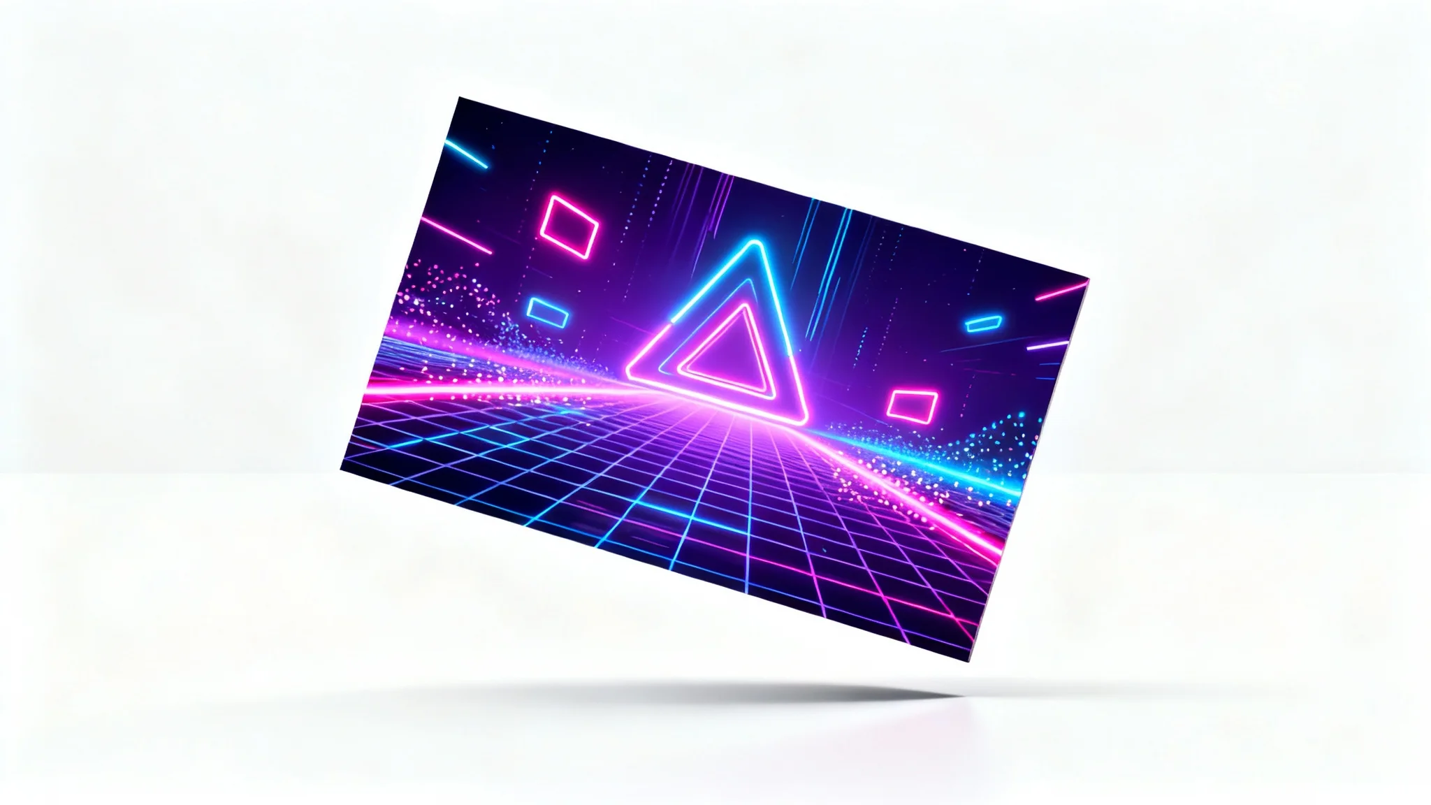 A mockup of an animated stream background, featuring a futuristic design with glowing neon geometric shapes in purple and blue, presented floating over a white background.