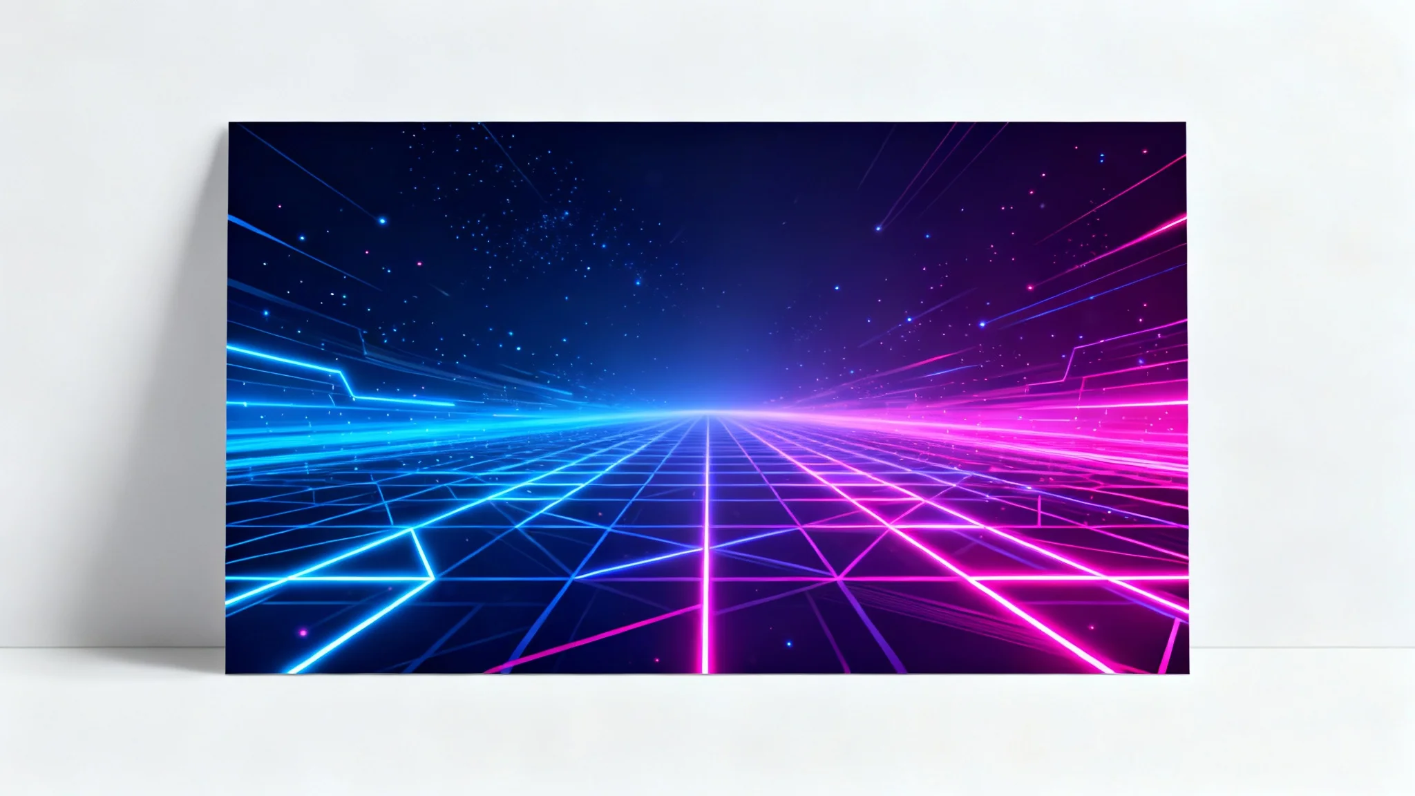A futuristic stream background mockup with glowing blue and magenta neon geometric patterns on a dark cosmic scene, presented against a plain white background.