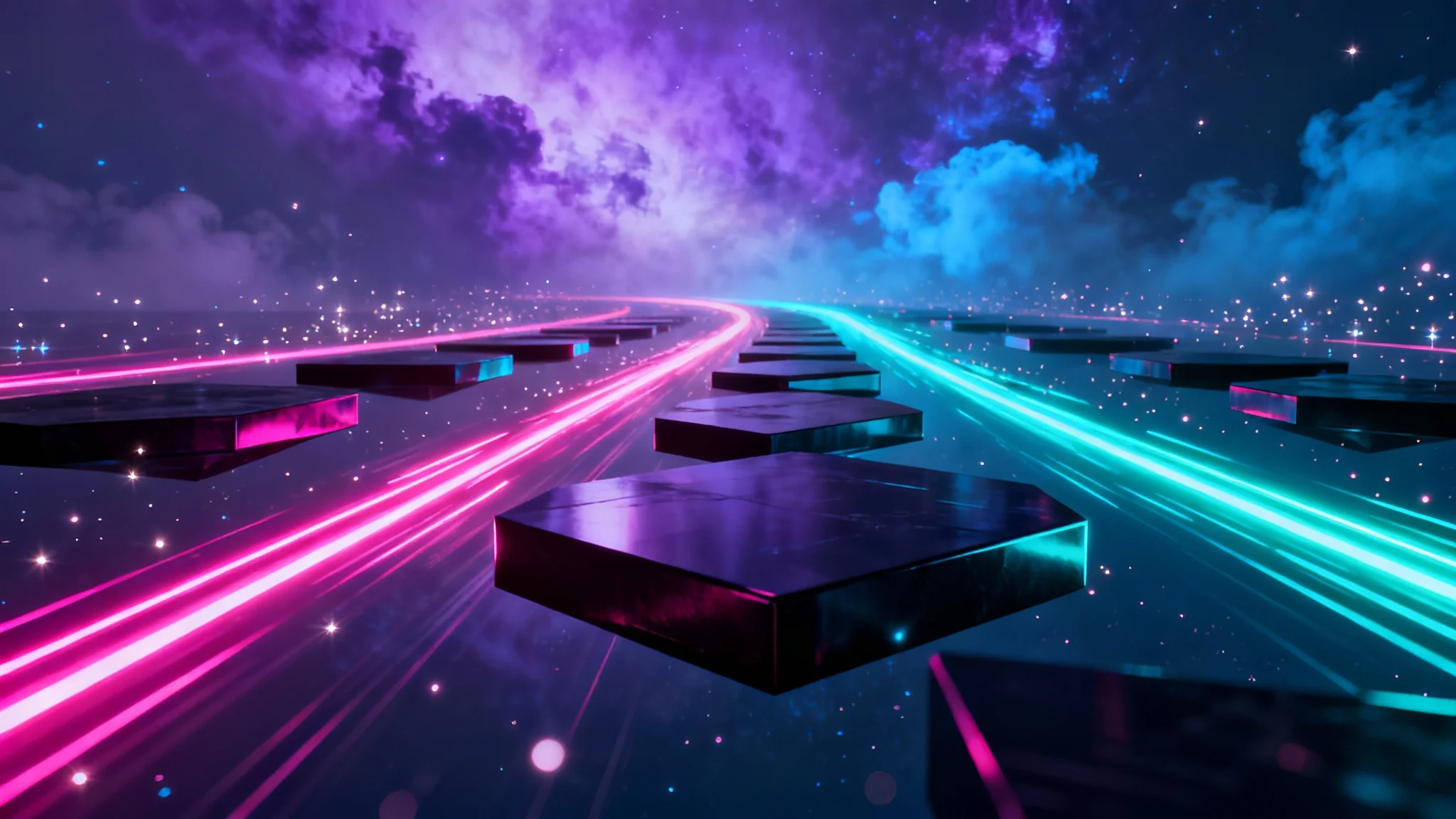 An abstract, futuristic animated stream background with glowing neon lines, geometric shapes, and a colorful nebula in deep blues and purples.