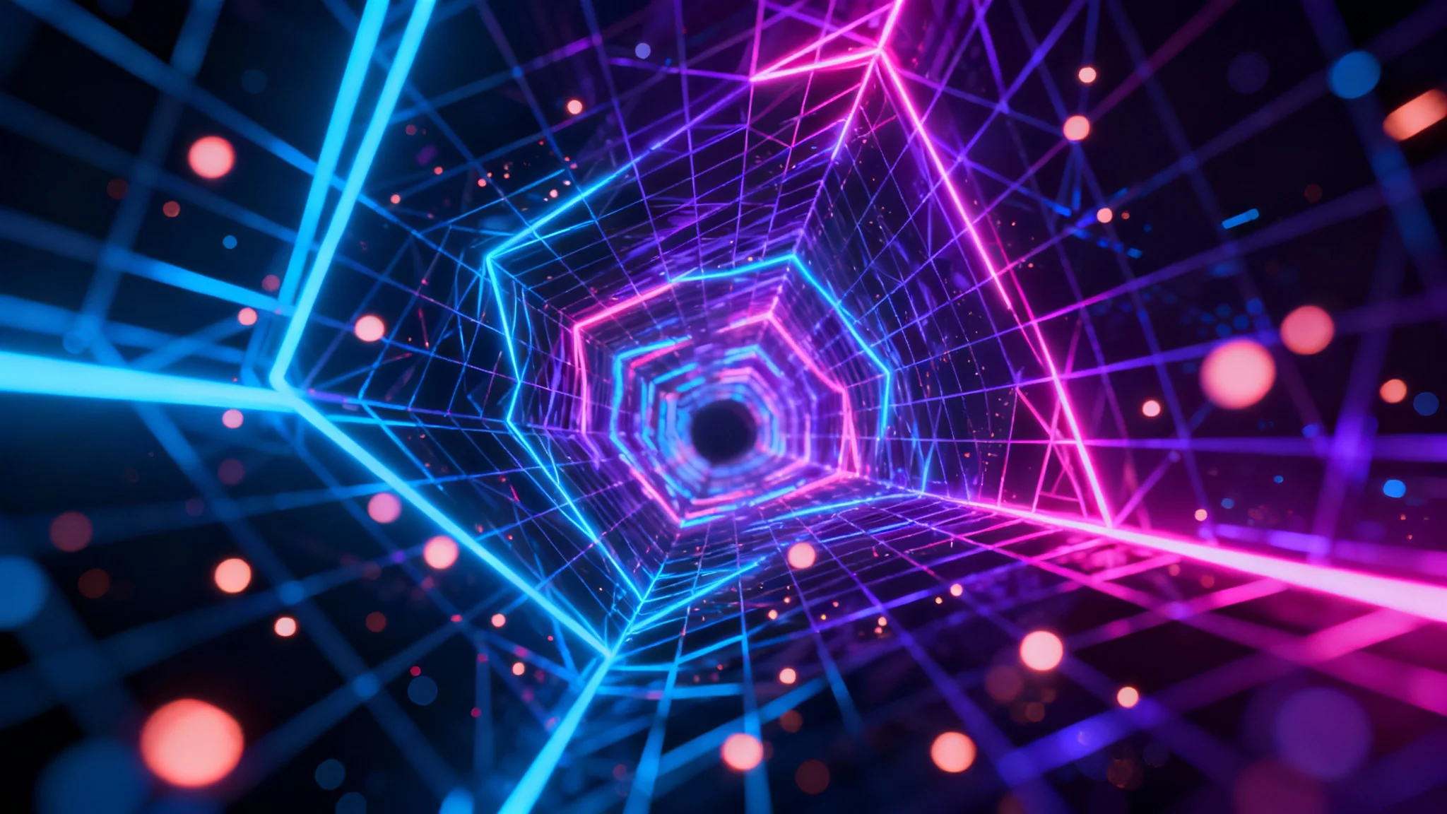 A futuristic animated stream background featuring glowing blue and magenta neon geometric lines and floating particles against a dark, abstract backdrop.