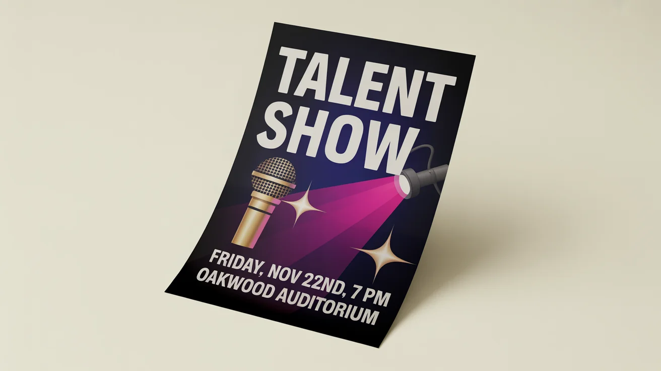 A professionally designed flyer for a talent show, featuring bold text that reads 'TALENT SHOW' and graphic icons of a microphone and spotlights on a dark, colorful background.