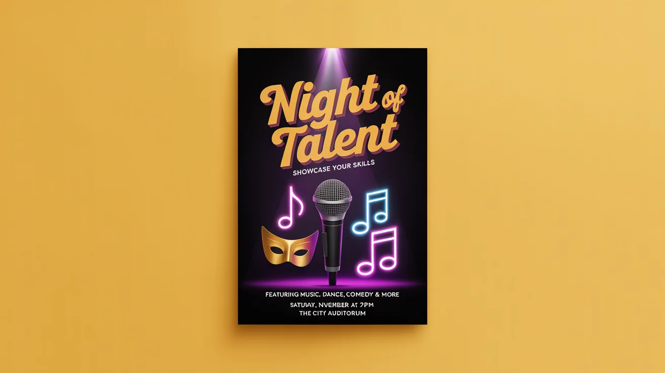 A modern talent show flyer mockup with a dark background and a bright spotlight. The title 'NIGHT OF TALENT' is in bold gold text, with event details listed at the bottom.