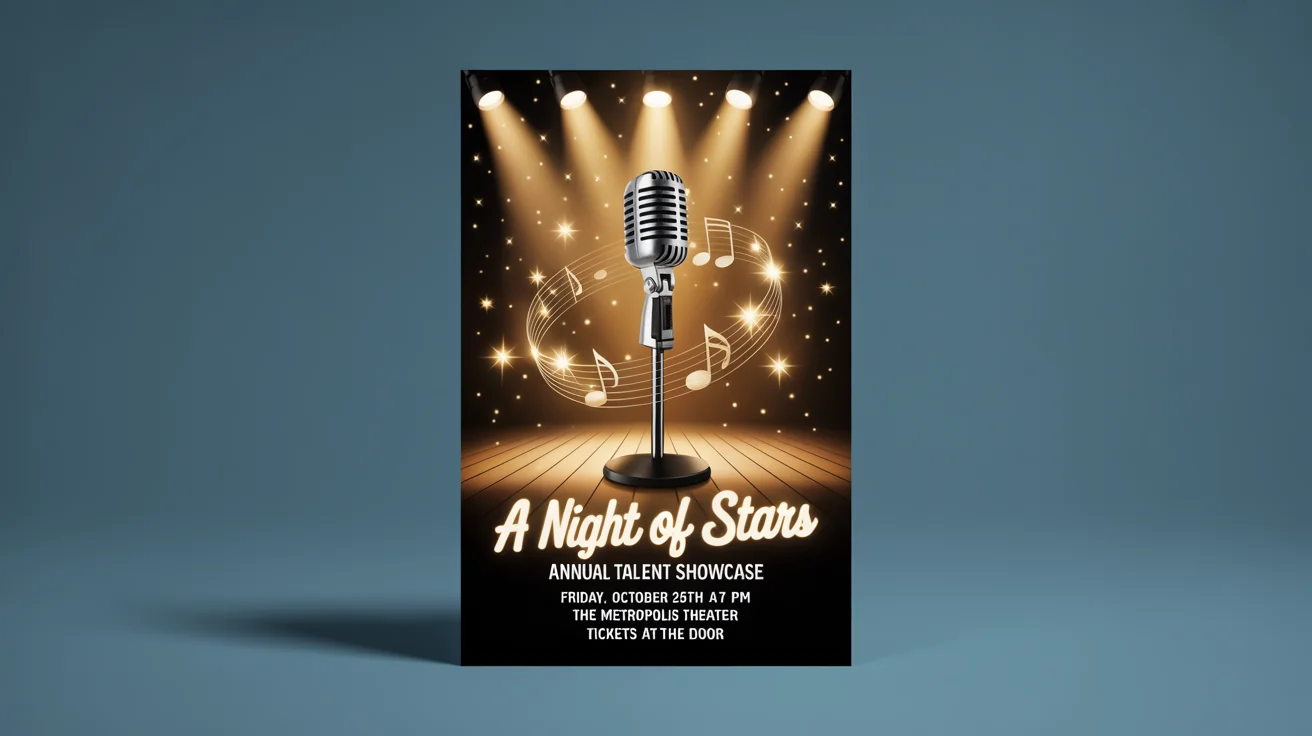 A mockup of a talent show flyer on a white background. The flyer is titled 'A Night of Stars' and features a vintage microphone on a stage with spotlights, announcing the event details.