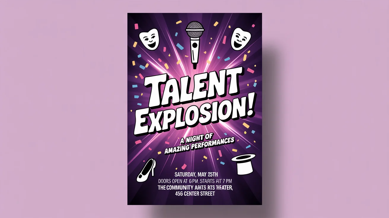A vibrant mockup of a talent show flyer on a white background. The flyer, titled 'TALENT EXPLOSION!', features a dark purple background with colorful confetti and provides fictional event details.