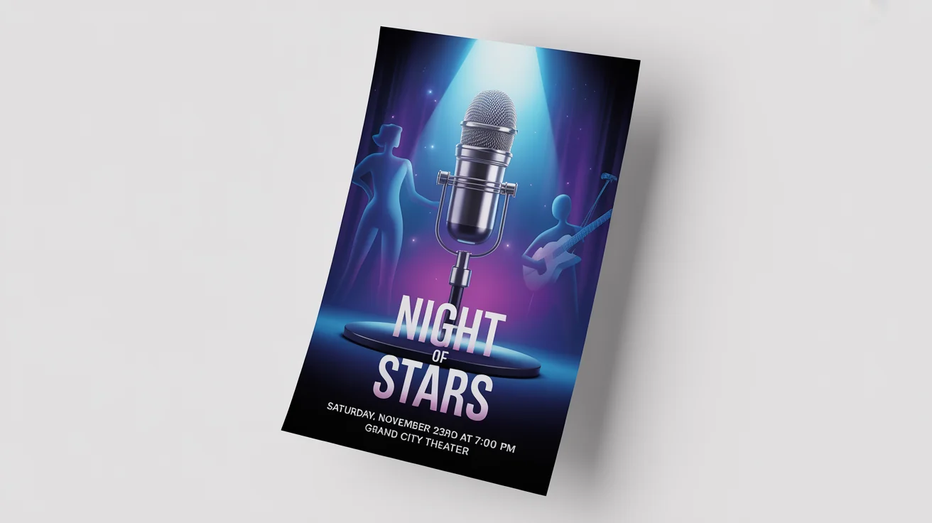 A mockup of a professional talent show flyer titled 'NIGHT OF STARS' on a white background. The flyer has a dark blue and purple design featuring a microphone under a spotlight.