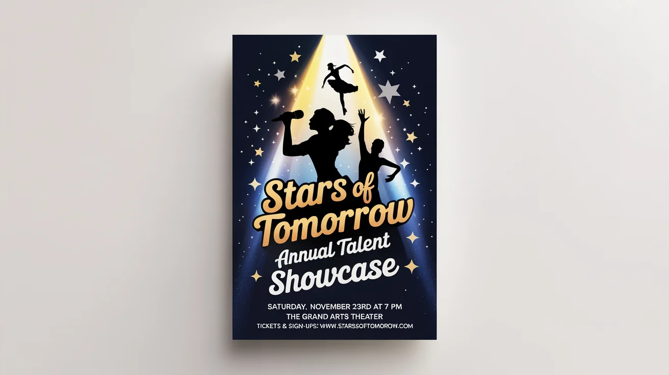 A professionally designed talent show flyer mockup for an event called 'Stars of Tomorrow'. The flyer is on a white background and features a dark blue design with a golden spotlight on silhouettes of performers, with event details listed at the bottom.