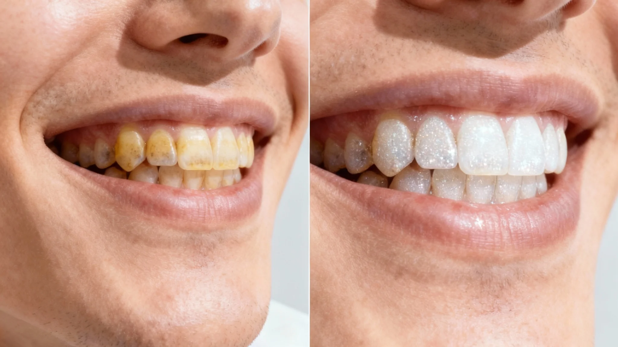 A split-screen close-up of a smile showing the results of teeth whitening. The left side shows yellowed teeth before the procedure, and the right side shows the same smile with brilliantly white teeth after the procedure.