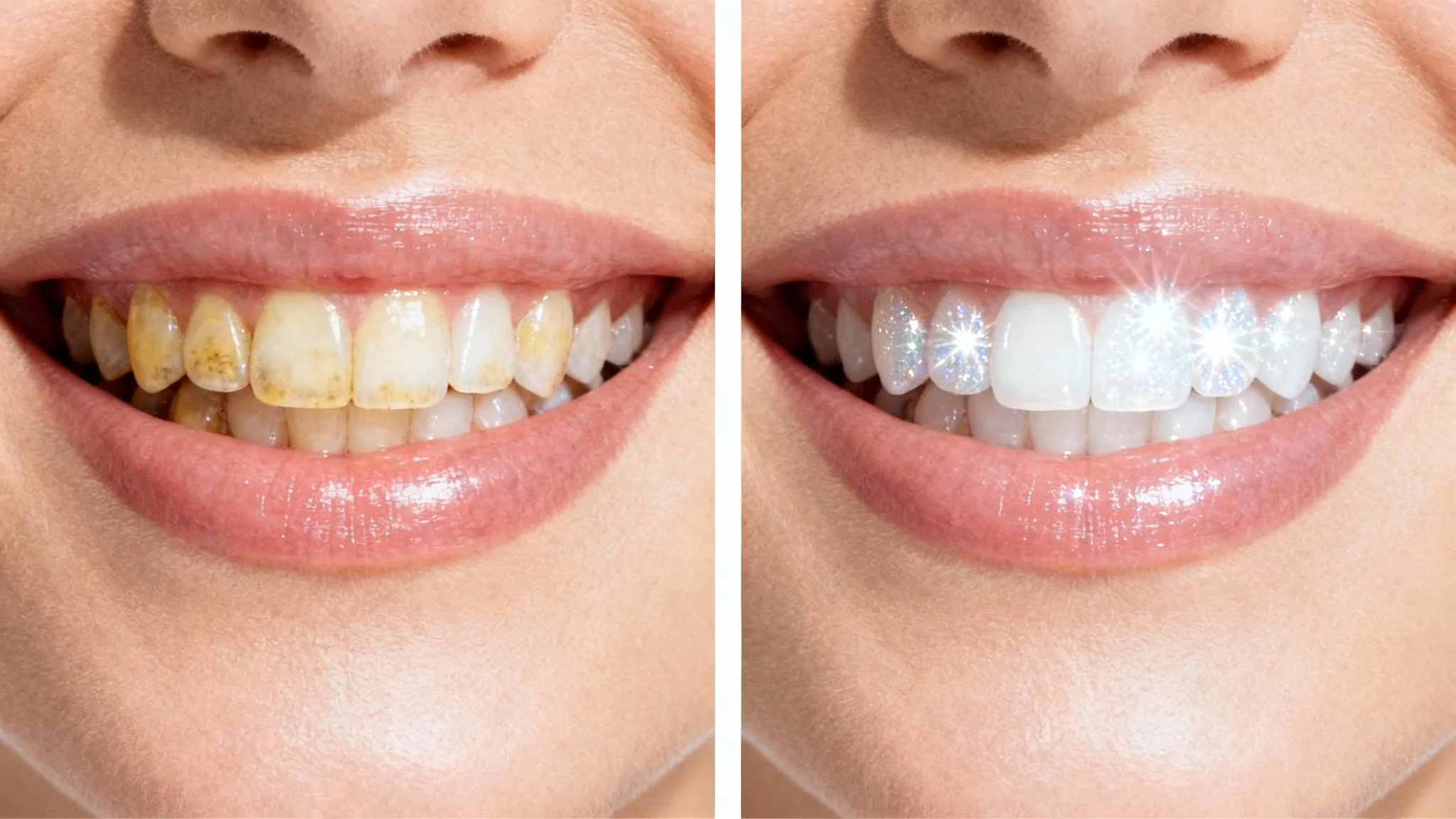 A close-up split-image showing a before-and-after of teeth whitening. The left side shows yellowed, stained teeth, and the right side shows the same smile with brilliantly white teeth.