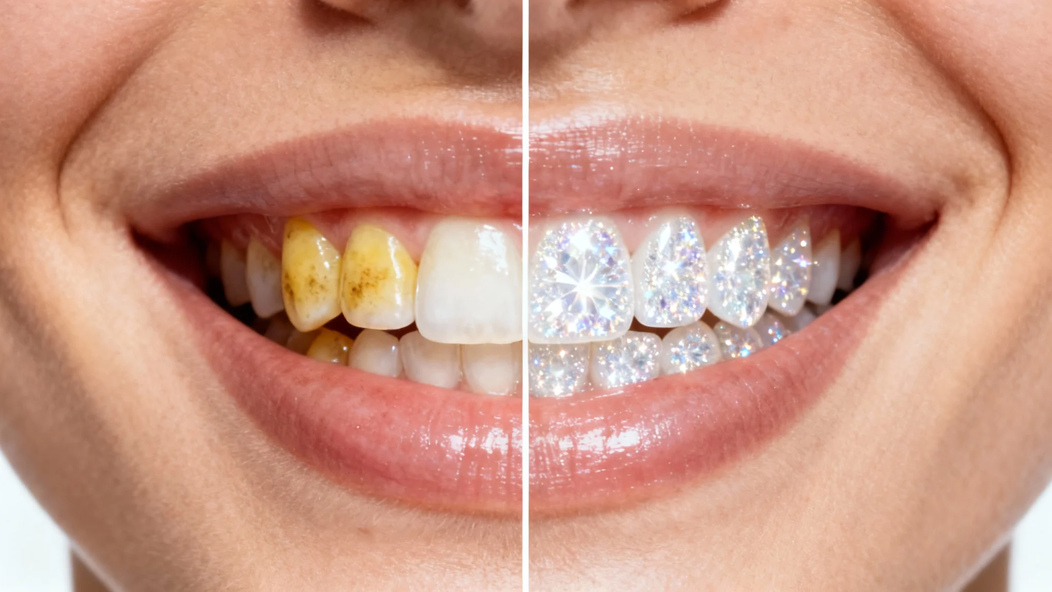 A close-up before-and-after image demonstrating the effects of teeth whitening. The left half shows yellowed teeth, while the right half shows the same teeth looking brilliantly white and clean.