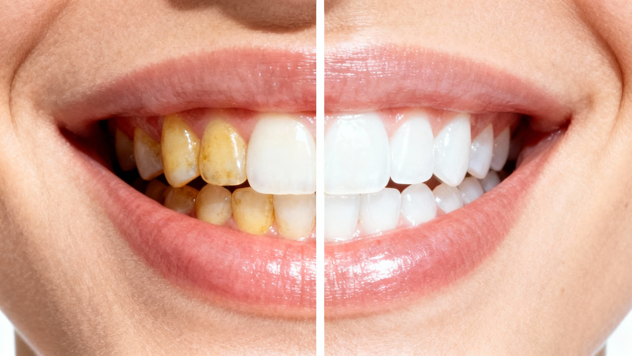 A close-up split-screen image demonstrating the effects of teeth whitening. The left side shows yellowed teeth before treatment, and the right side shows the same teeth as sparkling white after treatment.