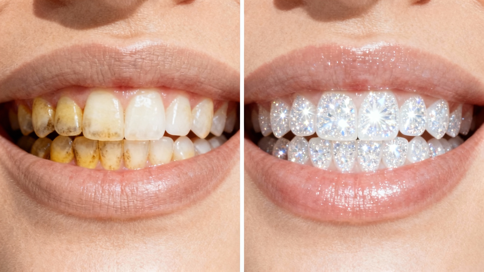 A before-and-after comparison image of teeth whitening. The left half shows yellowed teeth, and the right half shows the same teeth looking bright white and clean.
