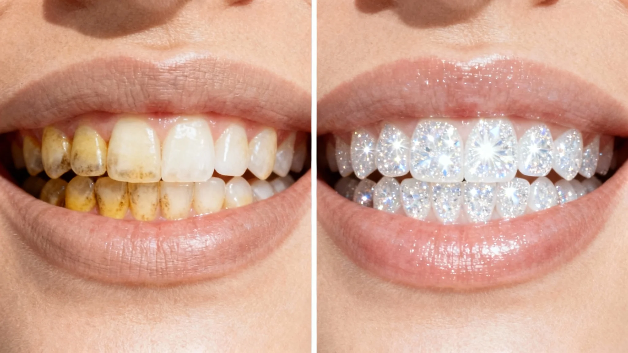 A before-and-after comparison image of teeth whitening. The left half shows yellowed teeth, and the right half shows the same teeth looking bright white and clean.