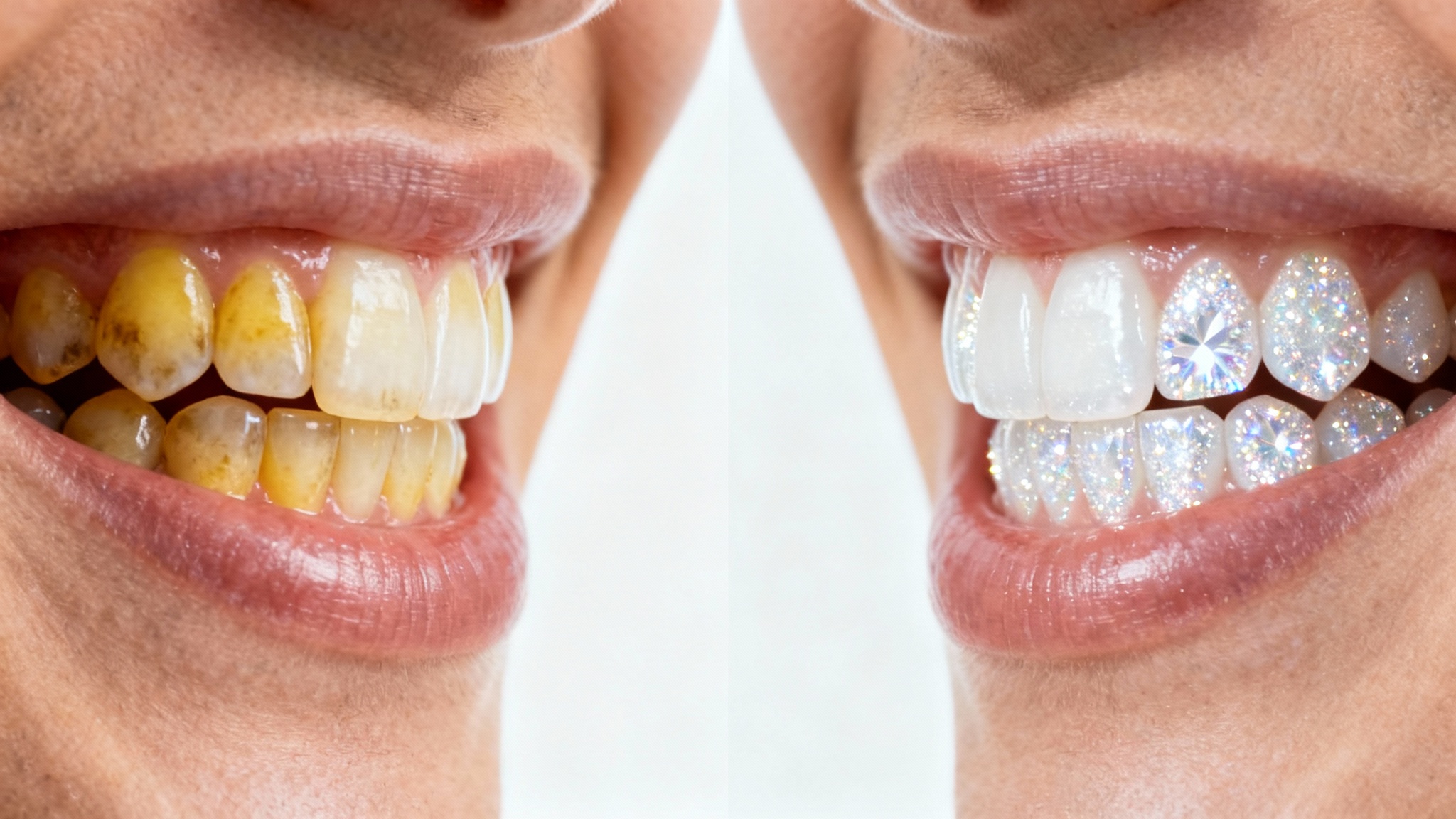A split-screen image comparing teeth before and after a whitening treatment. The 'before' side shows yellowed teeth, and the 'after' side shows the same teeth but bright and pearly white.