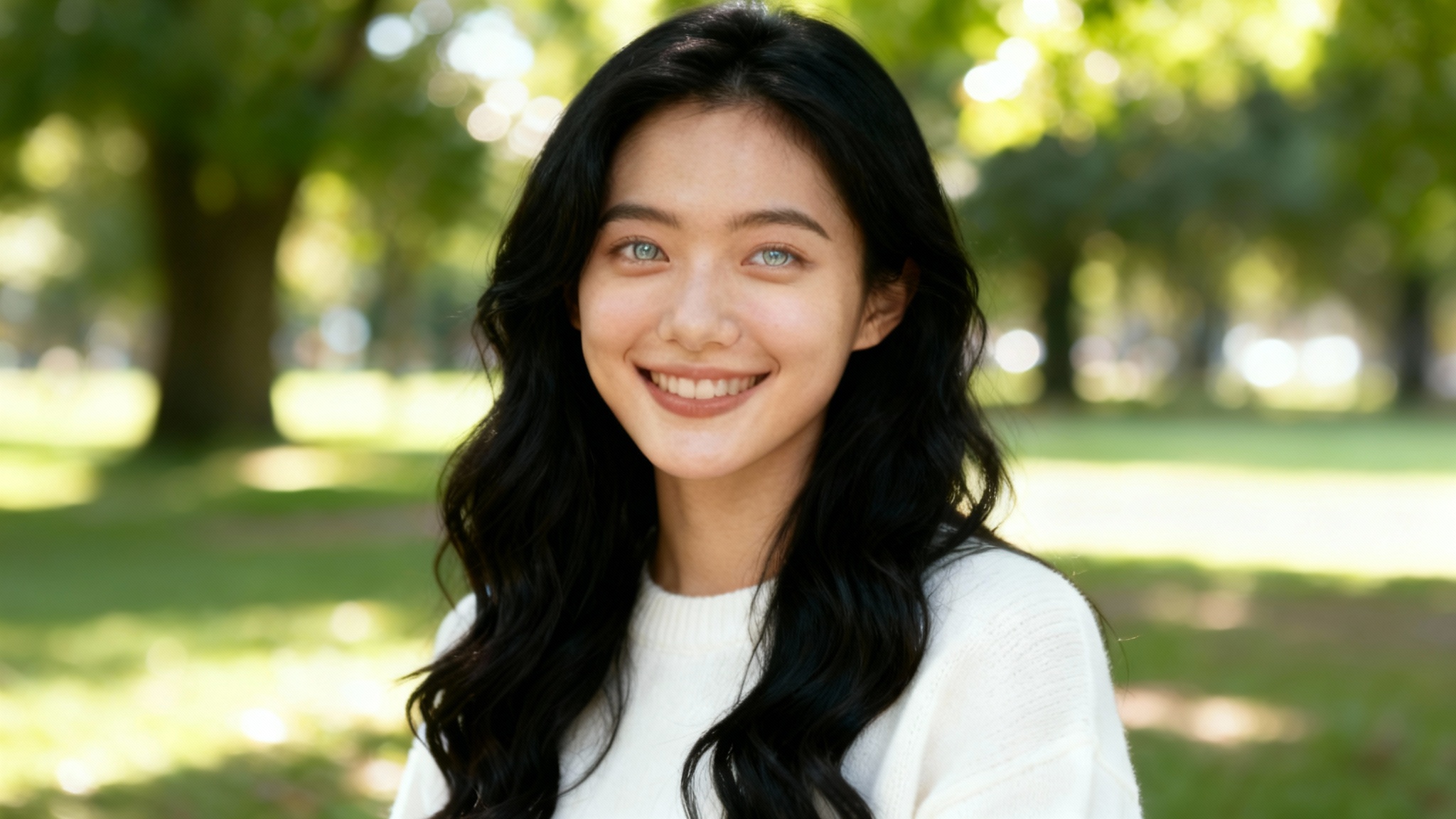 A close-up portrait of a smiling woman with long black hair, where her eyes have been digitally edited to be exceptionally bright and white, showcasing the result of an eye whitening photo tool.