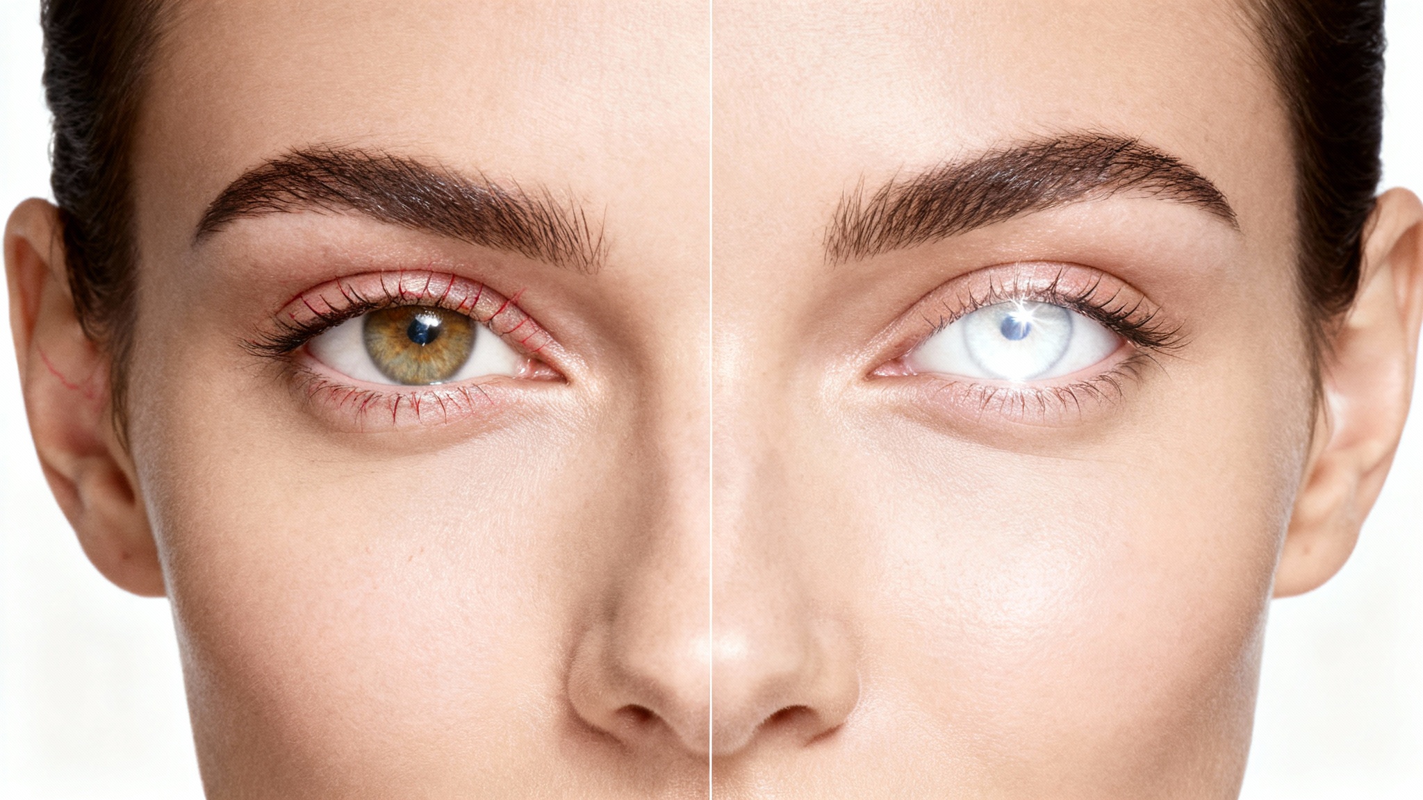 A hyper-realistic close-up of a woman's eyes, showing a before-and-after comparison. One eye is naturally off-white, while the other has been digitally whitened to a brilliant, clear white.
