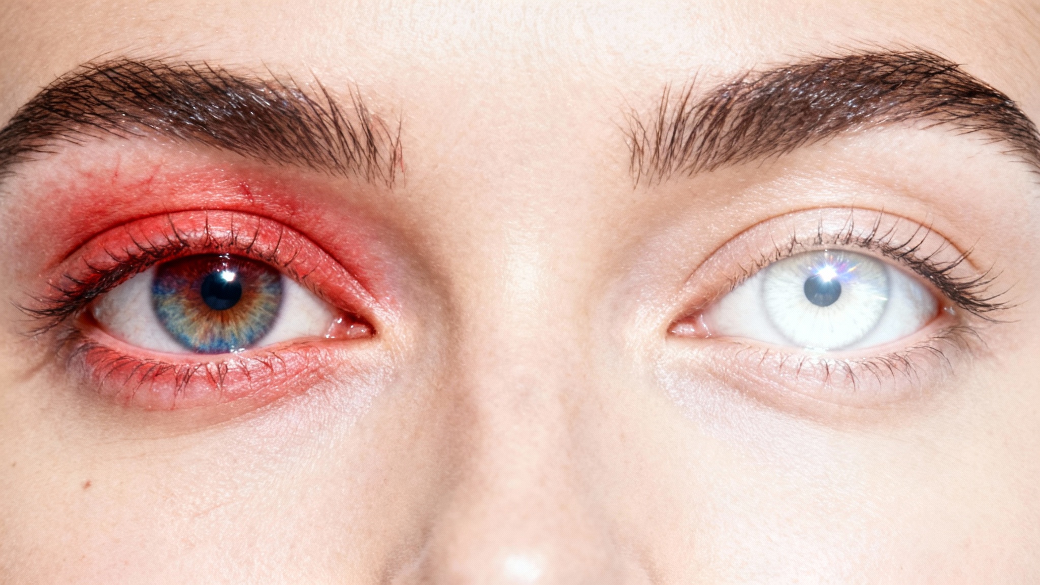 A close-up before-and-after comparison shot of a person's eyes against a white background; one eye is slightly red, and the other is perfectly white and bright, demonstrating an eye whitening effect.
