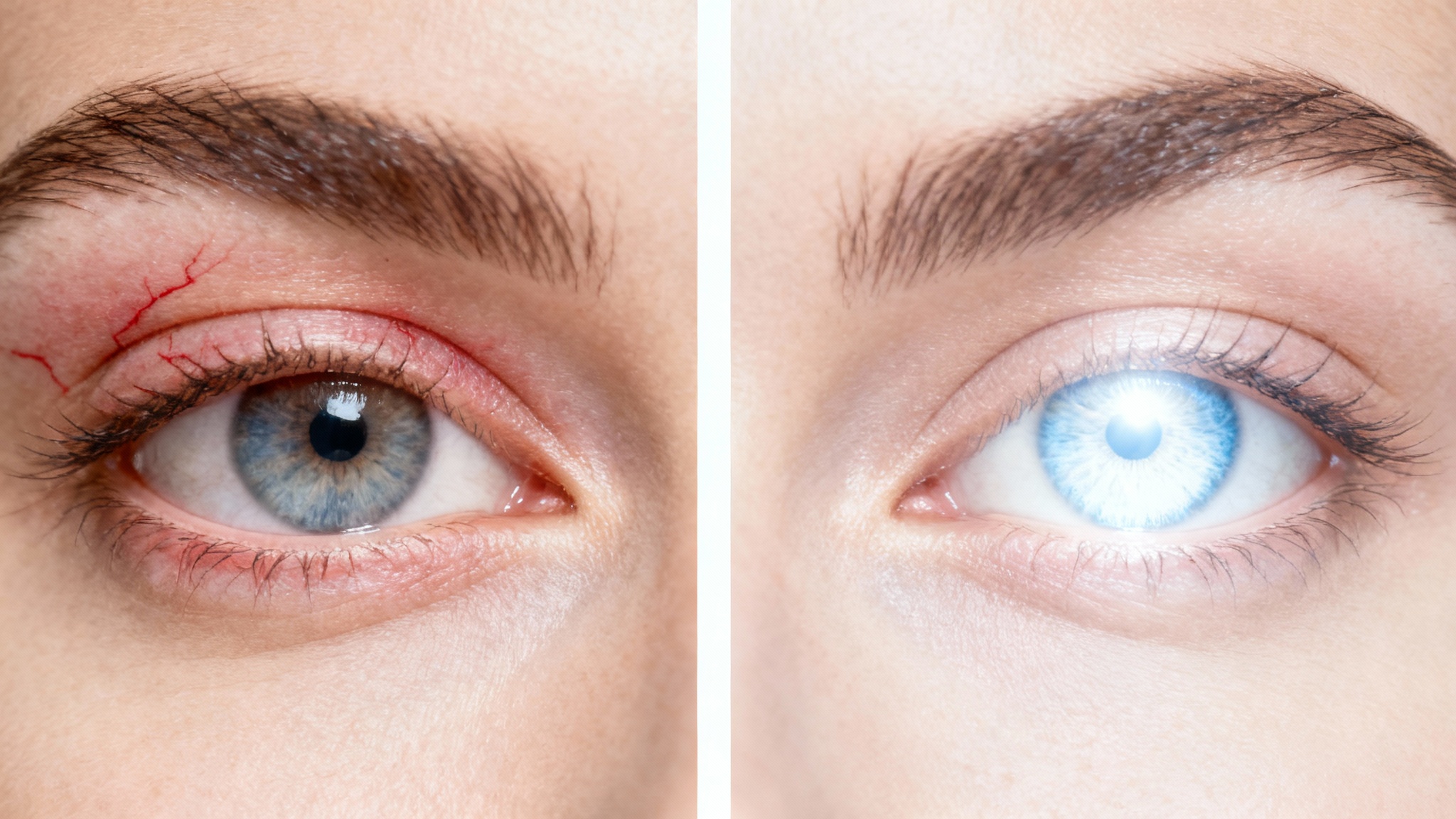A close-up split image of an eye. The left side shows a natural, slightly red eye, and the right side shows the same eye after being whitened, appearing bright and clear.