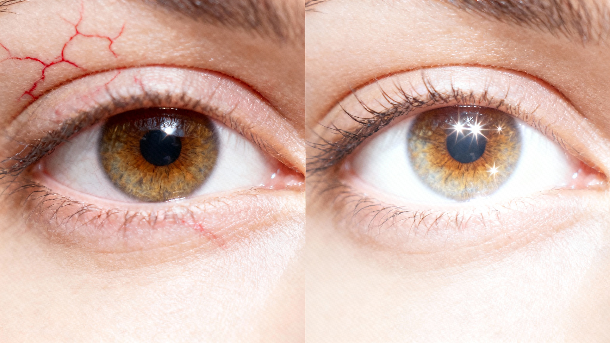 A close-up photo of a woman's eyes showing a before and after comparison; one eye is slightly red and tired-looking, while the other is bright, clear, and white.