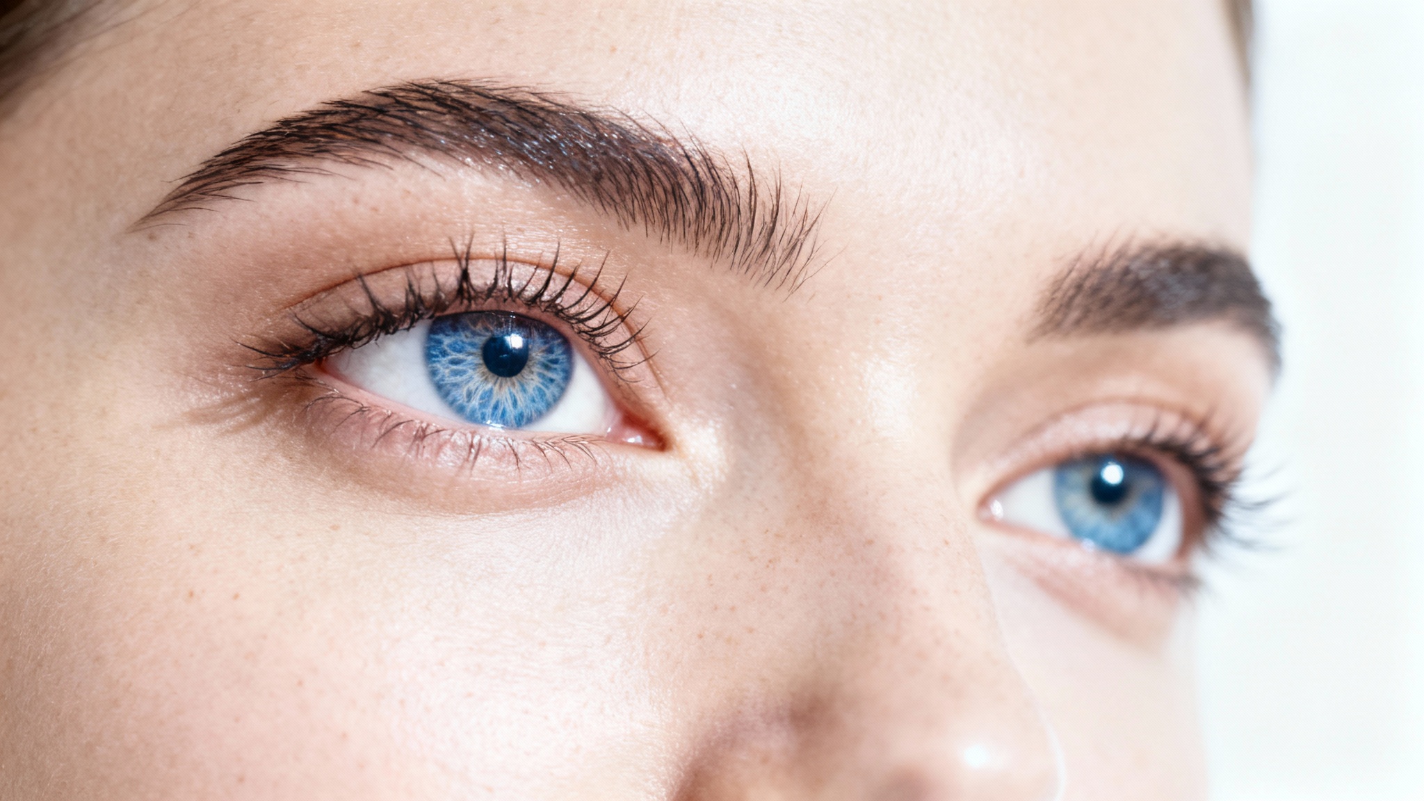 A close-up photo of a woman's eye, showcasing the sclera which is perfectly white and clear, contrasting with a bright blue iris. The image represents eye whitening.