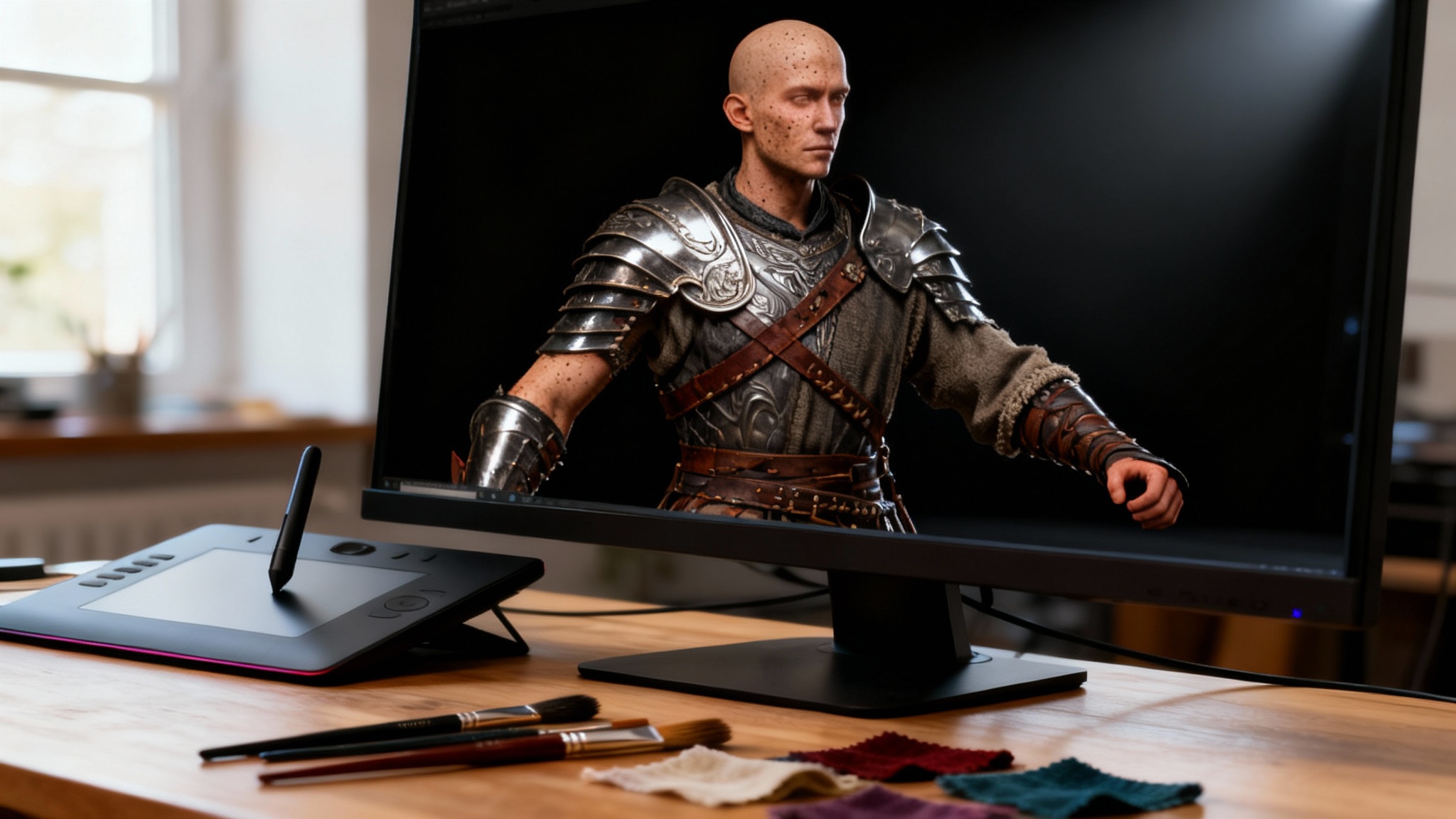 A photorealistic 3D render of a fully textured fantasy warrior character, showcasing intricate details on the armor, leather, and fabric, representing the final output of a character texturing tool.