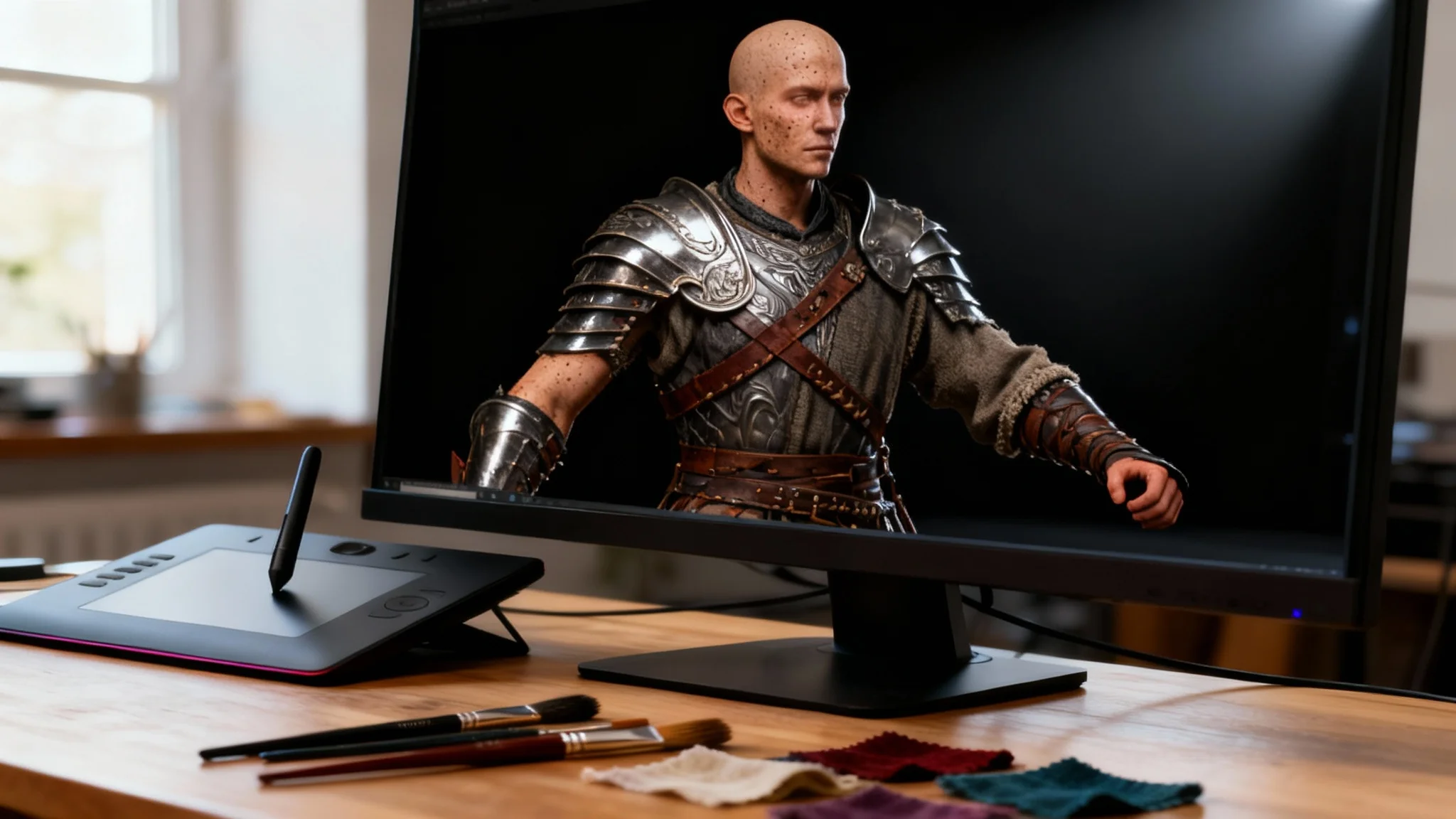 A photorealistic 3D render of a fully textured fantasy warrior character, showcasing intricate details on the armor, leather, and fabric, representing the final output of a character texturing tool.