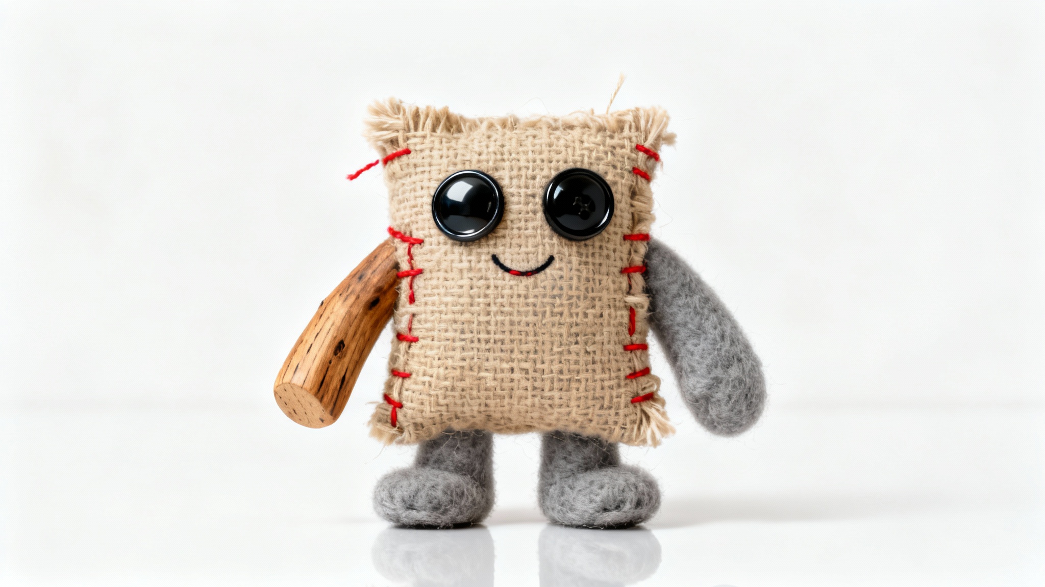 A photorealistic image of a small, cute creature made from different textures like burlap, felt, and driftwood, with button eyes, smiling against a pure white background.