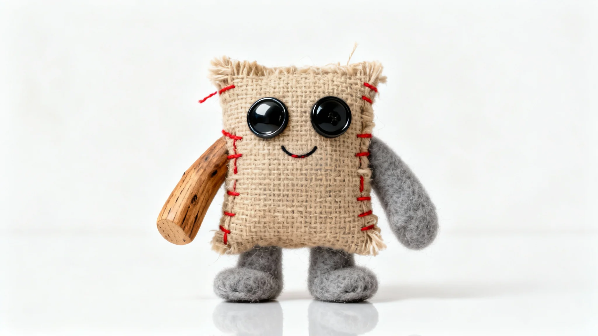 A photorealistic image of a small, cute creature made from different textures like burlap, felt, and driftwood, with button eyes, smiling against a pure white background.
