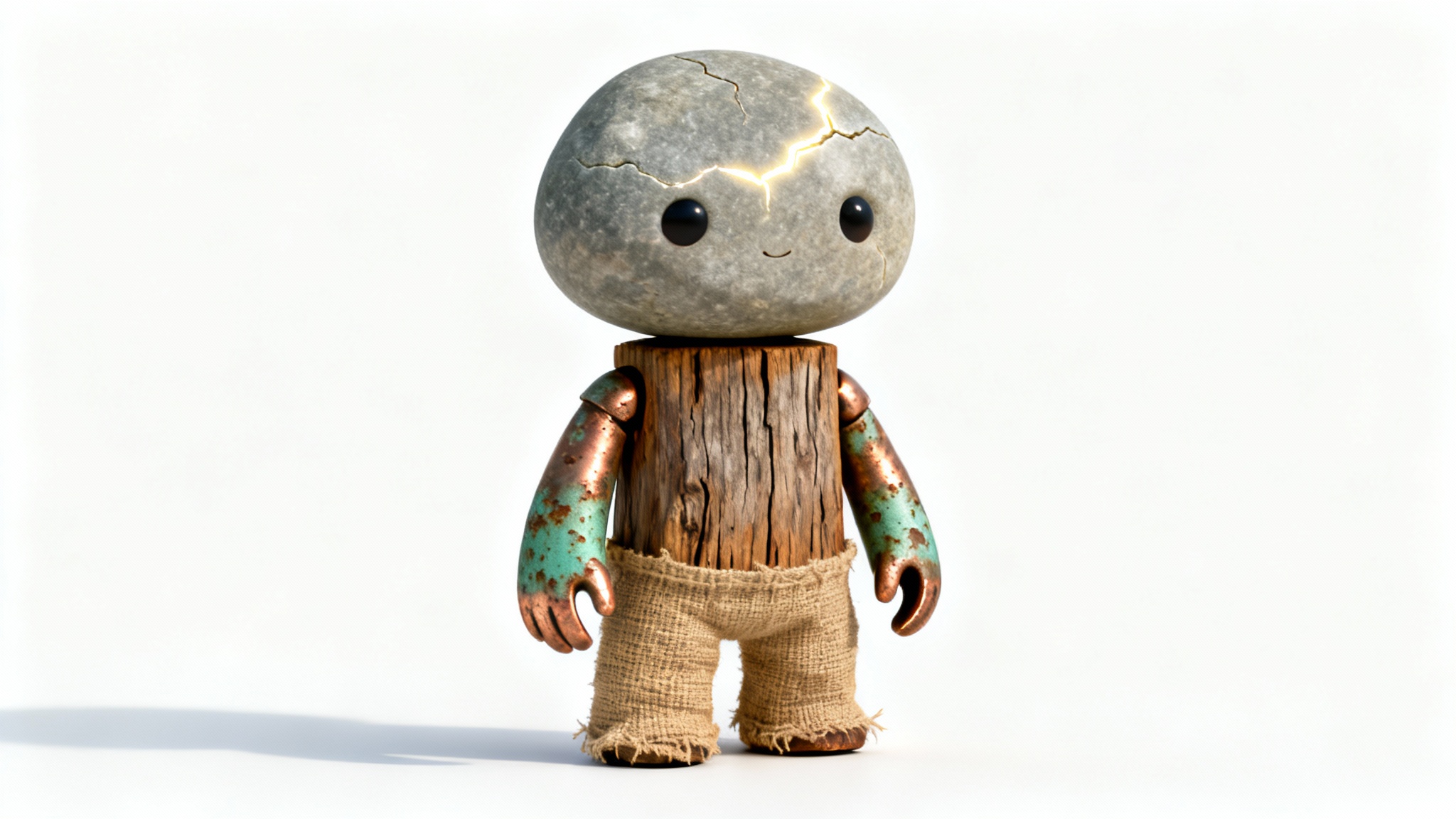 A photorealistic 3D character made of multiple distinct textures, including a stone head, wood torso, copper arms, and burlap legs, isolated on a clean white background.