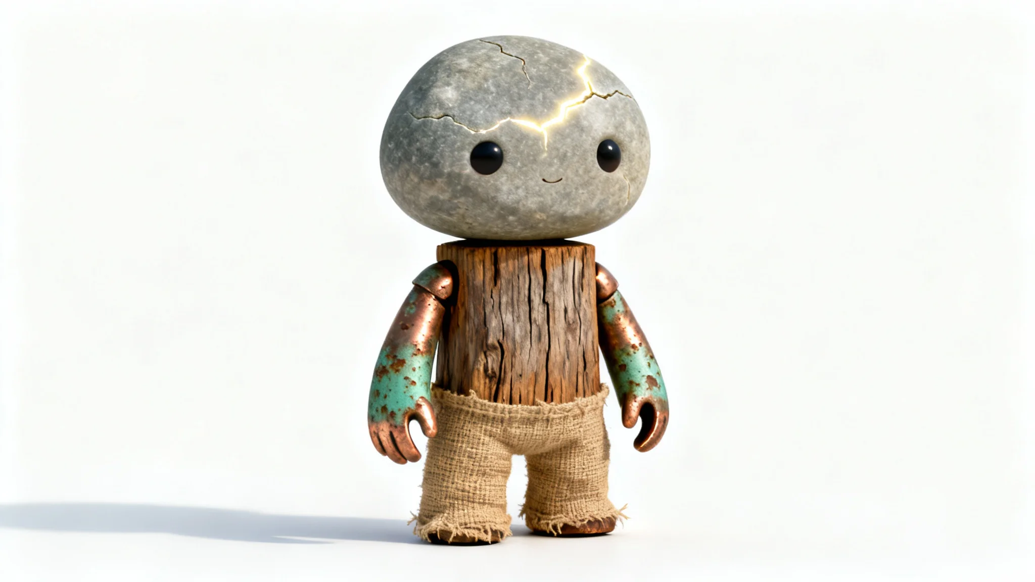 A photorealistic 3D character made of multiple distinct textures, including a stone head, wood torso, copper arms, and burlap legs, isolated on a clean white background.